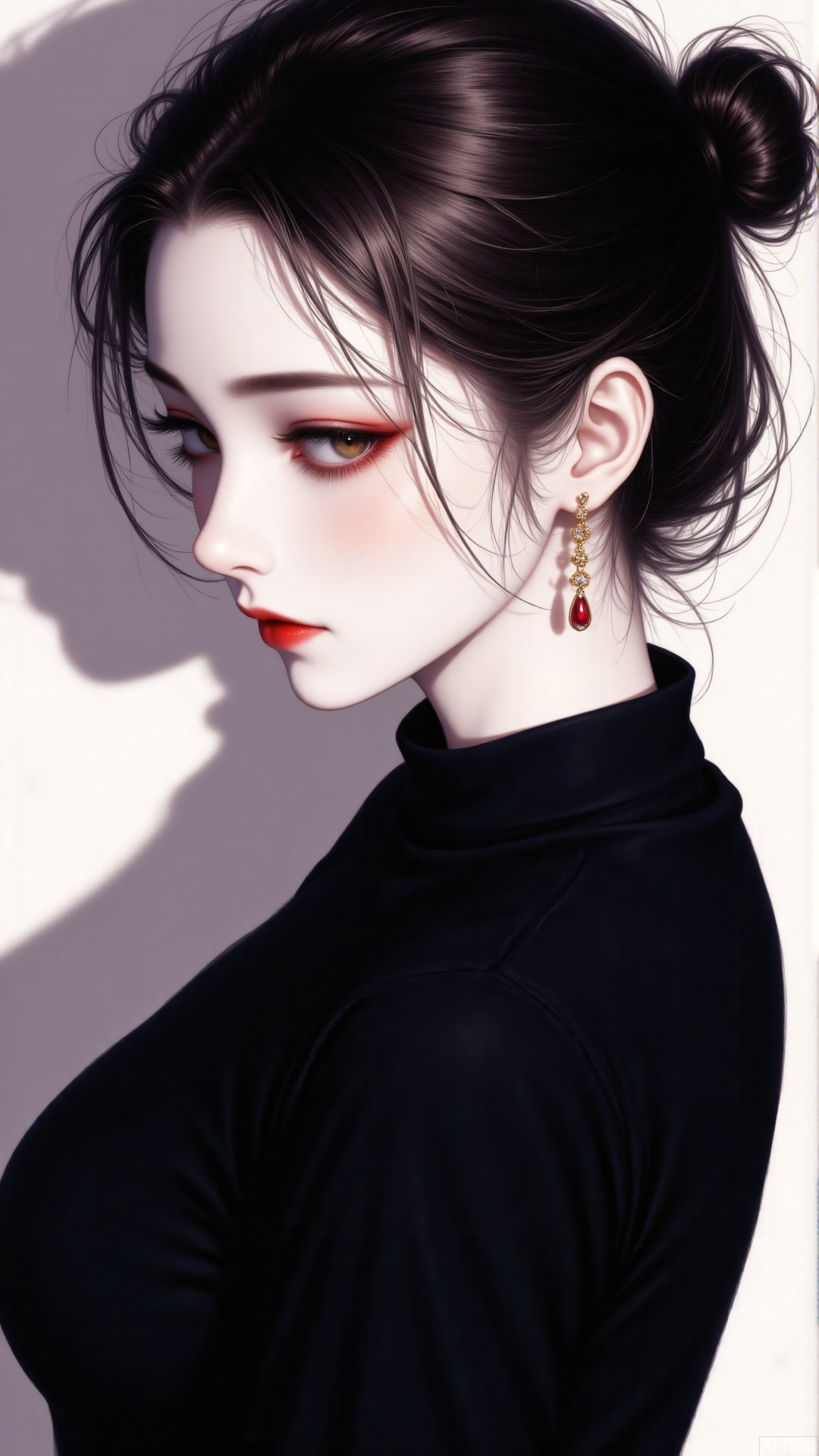 1girl, solo, looking at viewer, black hair, jewelry, closed mouth, upper body, earrings, hair bun, from side, lips, black shirt, makeup, shadow, single hair bun, portrait, red lips