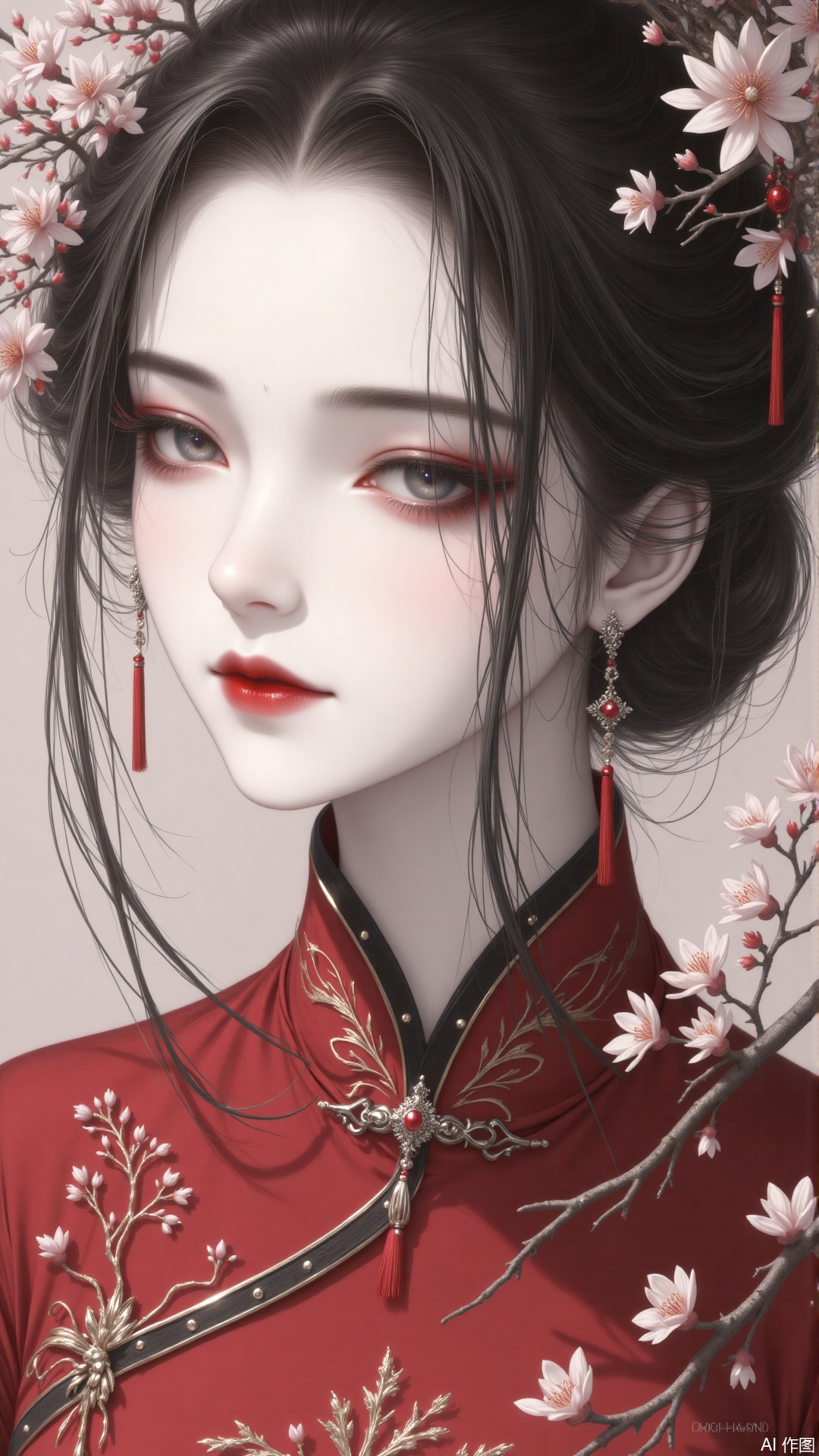 1girl, solo, looking at viewer, black hair, hair ornament, dress, jewelry, flower, earrings, hair flower, grey eyes, eyelashes, makeup, chinese clothes, red dress, white flower, lipstick, pale skin, portrait, branch, red lips, blinds
