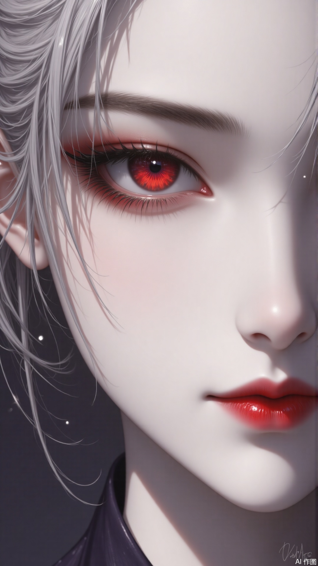 1girl, solo, looking at viewer, red eyes, closed mouth, grey hair, lips, eyelashes, makeup, lipstick, pale skin, portrait, close-up, red lips, eye focus