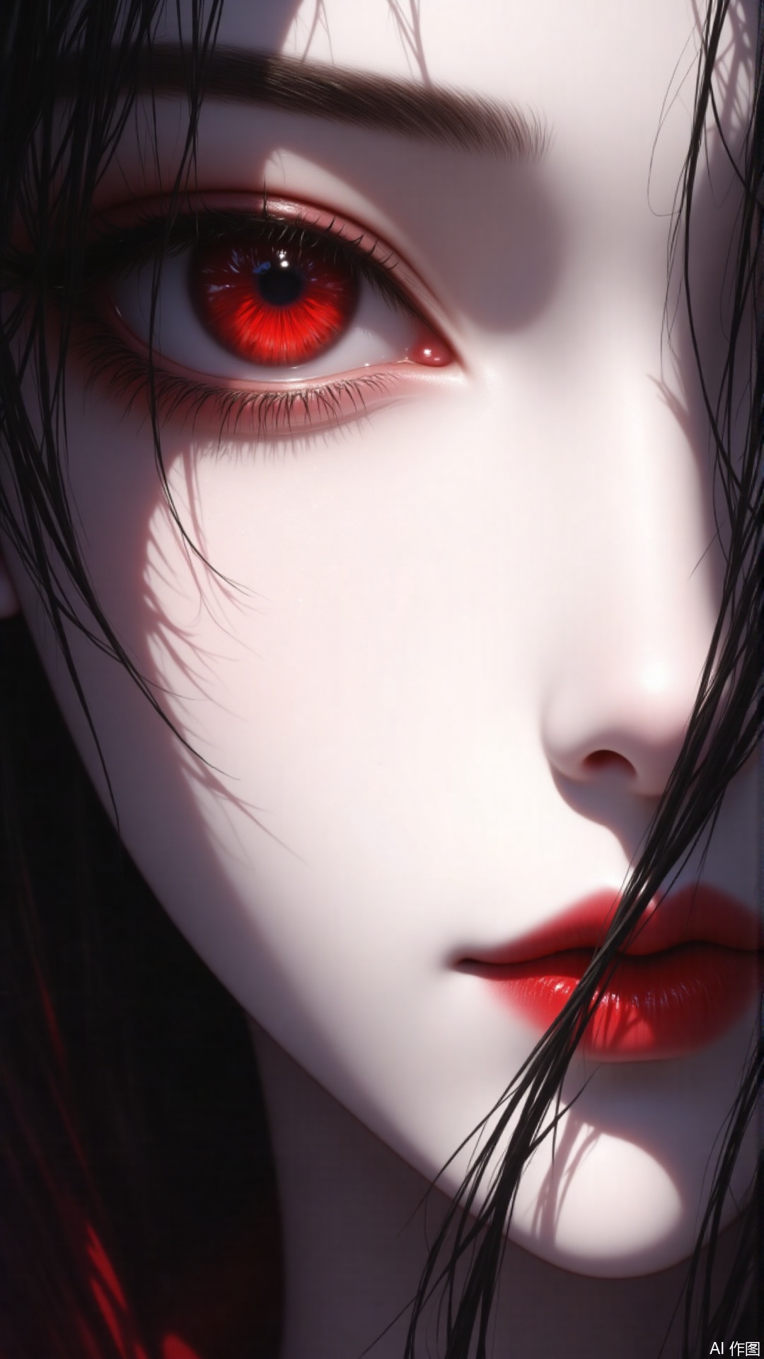 1girl, solo, long hair, looking at viewer, black hair, red eyes, closed mouth, lips, eyelashes, makeup, lipstick, pale skin, portrait, close-up, red lips, eye focus