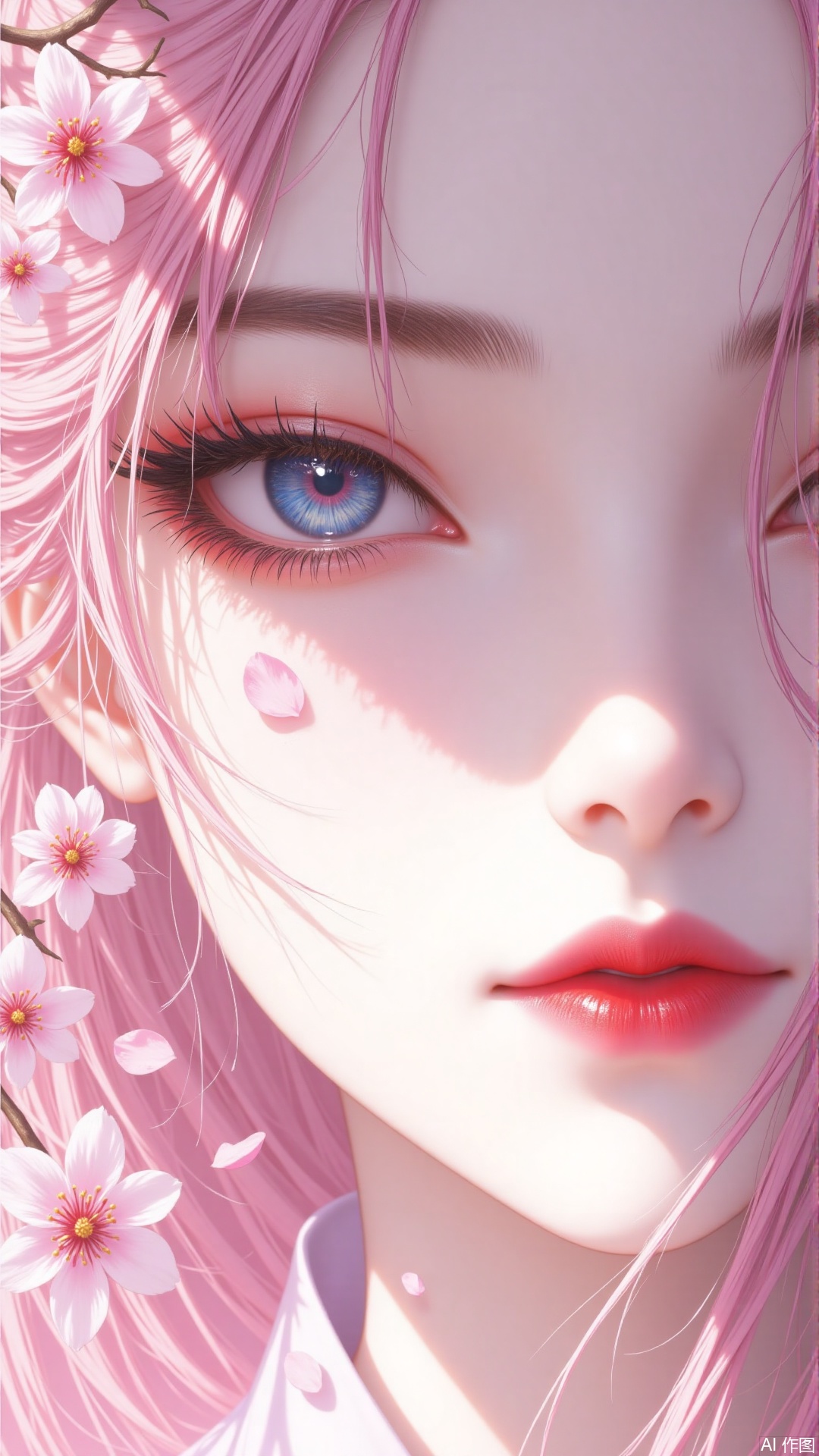 1girl, solo, looking at viewer, blue eyes, closed mouth, pink hair, flower, multicolored hair, lips, petals, eyelashes, makeup, shadow, cherry blossoms, portrait, close-up, red lips, eye focus