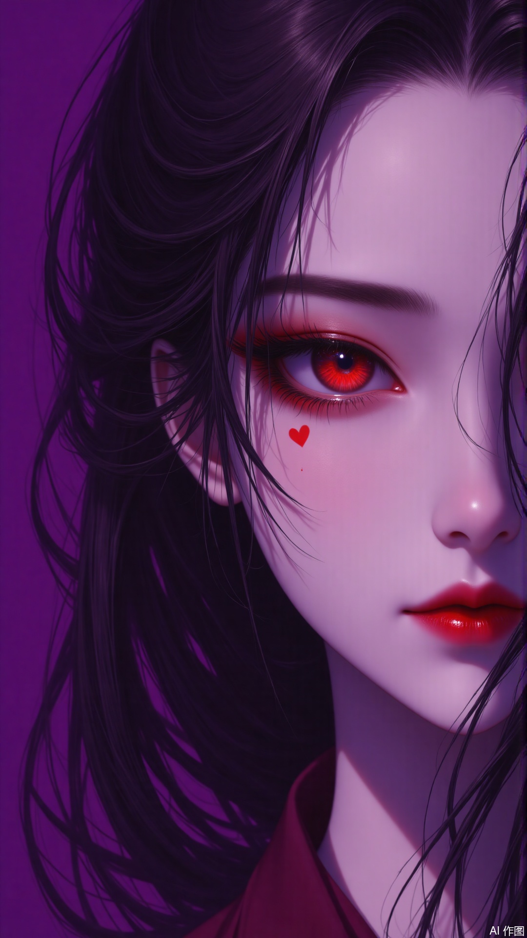 1girl, solo, long hair, looking at viewer, black hair, red eyes, heart, hair over one eye, eyelashes, makeup, lipstick, portrait, purple background, red lips