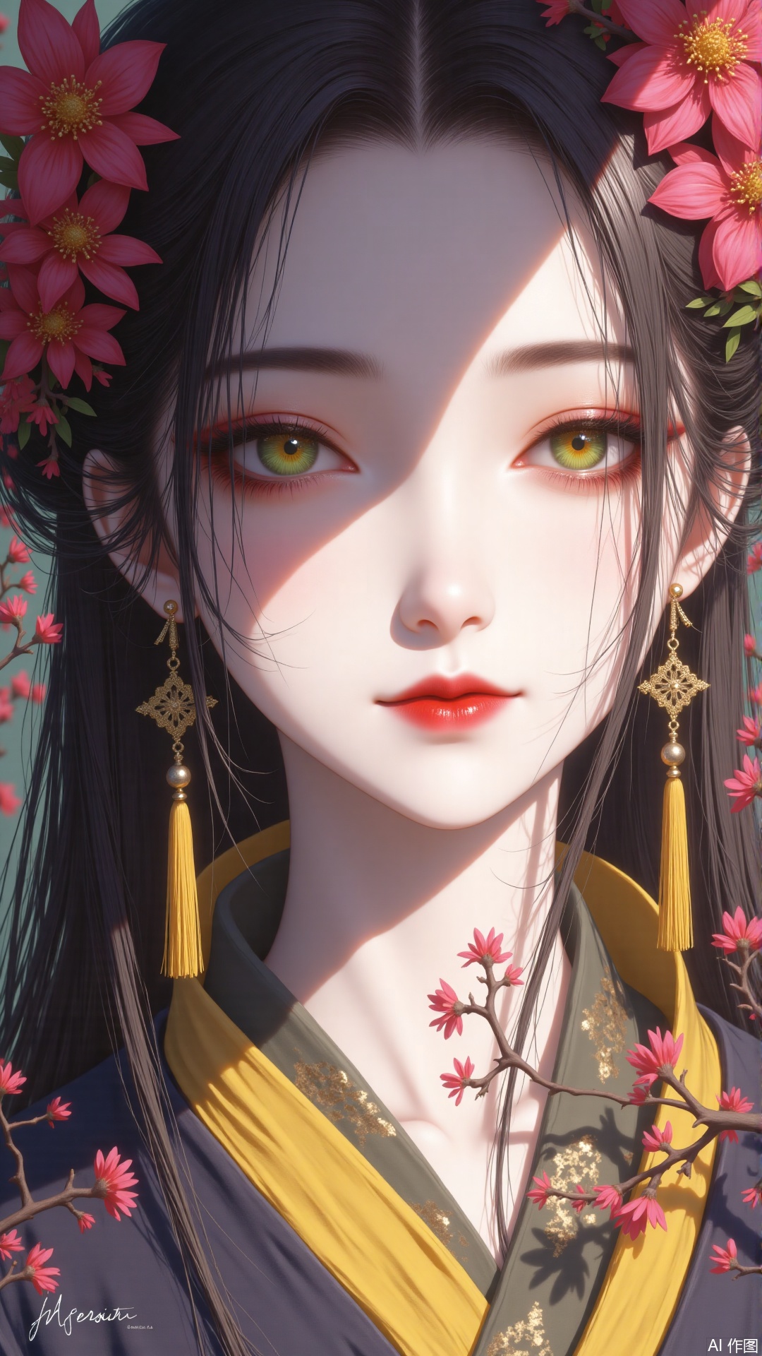 1girl, solo, long hair, looking at viewer, black hair, hair ornament, jewelry, closed mouth, green eyes, yellow eyes, flower, earrings, hair flower, hair over one eye, lips, eyelashes, makeup, sunlight, lipstick, red flower, tassel, portrait, pink flower, eyeshadow, branch, red lips, tassel earrings, blinds