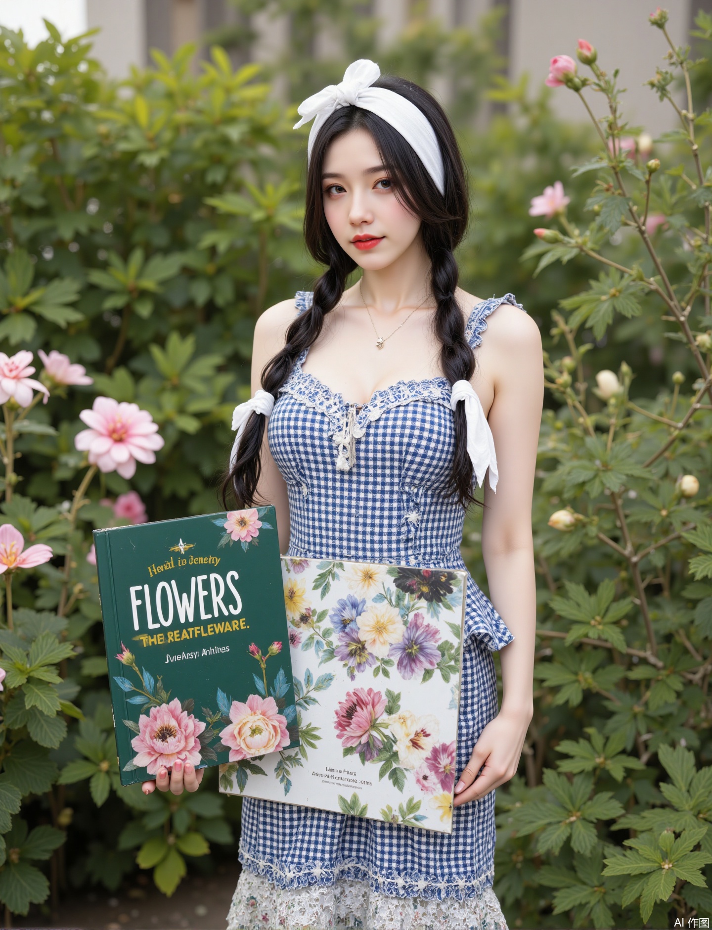 The image shows a person standing outdoors in a garden setting. They are wearing a blue and white checkered dress with lace trim at the hem and sleeves. The person has two braids, each tied with a white headband. They are holding a book titled "FLOWERS" with a subtitle that reads "The Art of Plant Propagation." The book cover is green with white and yellow text. The background is lush and green, with various plants and flowers, creating a serene and natural atmosphere.