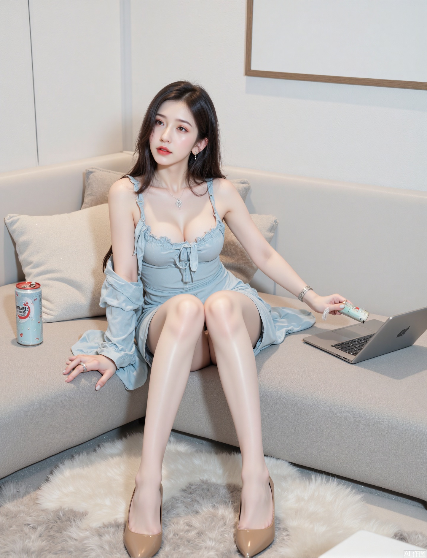 The image shows a young woman sitting on a beige sofa. She is wearing a light blue outfit consisting of a sleeveless top and shorts, along with a matching jacket. She is holding a can in her right hand and has a laptop placed on the sofa beside her. The background includes a wooden-framed mirror on the wall and a plain white wall. The lighting is soft, creating a calm and relaxed atmosphere.