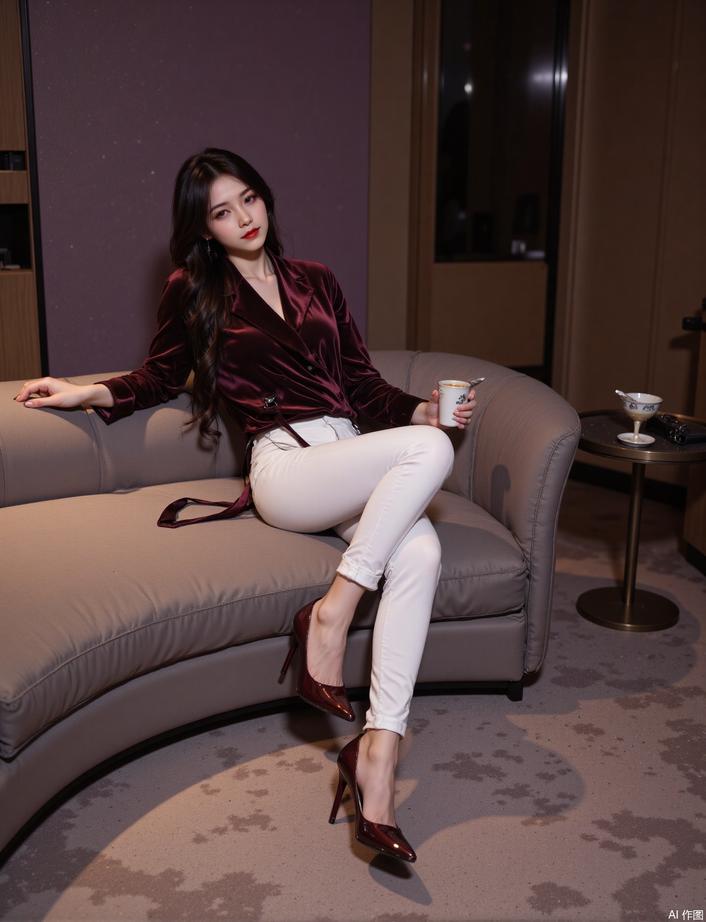 Serena, a 28-year-old Asian girl, has long curly hair with a bright and smooth dark brown side, and a retro red velvet lips as sharp as a blade. She wore a Burgundy burgundy wide-shoulder waist-length velvet smoking jacket (with a matte black suspender inside), and a mother-of-pearl white trousers with extremely neat cuts. She stepped on scarlet patent leather stiletto heels, and pointed to her head. She sat on the curved suede single sofa in the luxurious living room with long legs. She casually played with a silver gun pen with black roses in one hand, and gently shook her wide-mouth tulip cup containing amber liquid in the other hand. The dark purple atmosphere light behind her turned into a halo. The high-definition lens accurately cuts out the sense of suede in her eyes that controls the overall situation like a scalpel. The velvet light and the acute angle of the pants line collided with extreme tension in the light and shadow.