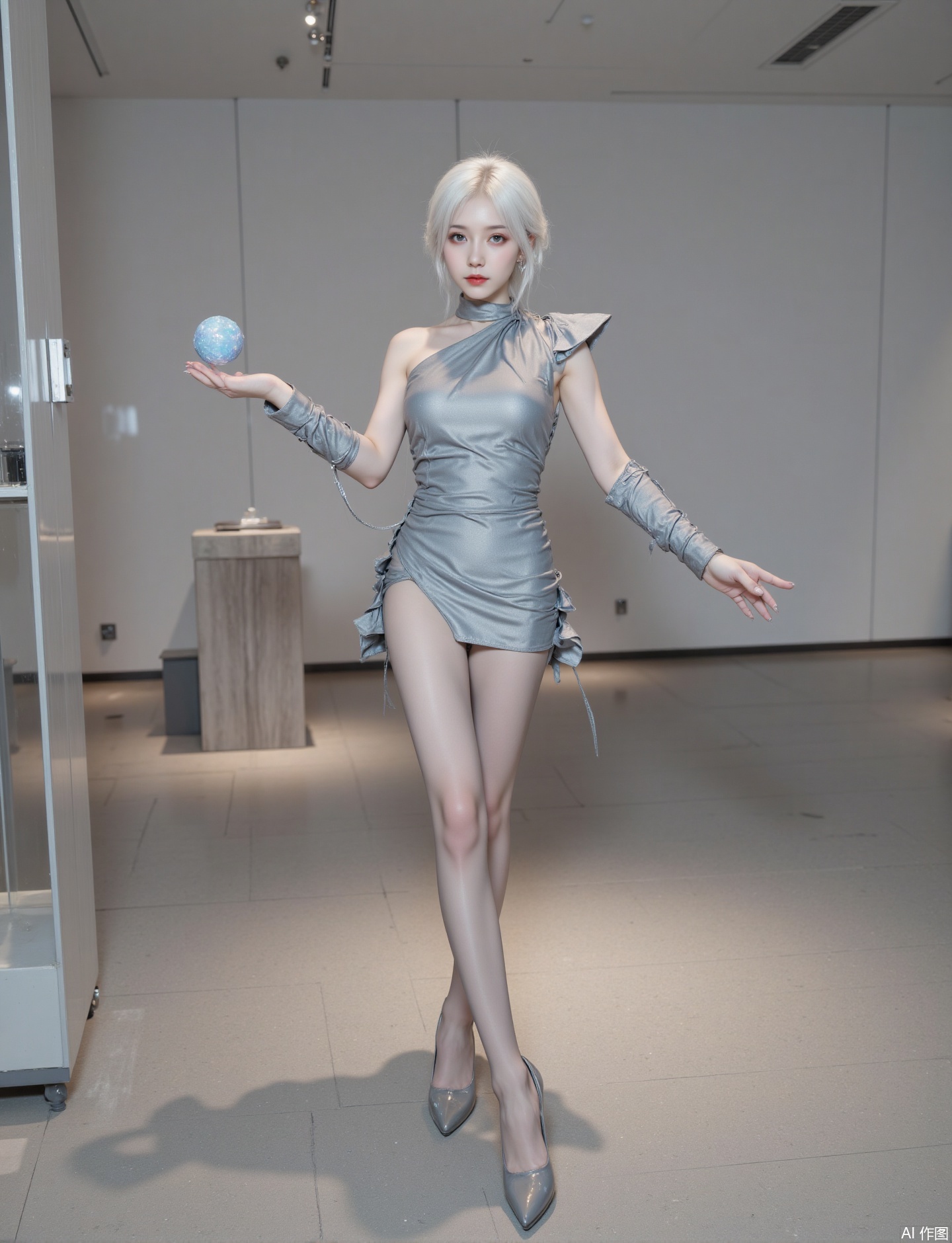 Liora, a 23-year-old Asian girl, has a nearly pure white platinum gradient shoulder-length short hair like an ice blade, and her ear bones are wearing a geometric ridge-sided ice blue artificial diamond chain; she is wearing a matte silver liquid metal waist-hugging one-shoulder wrap skirt, with smooth drooping rotator sleeves on one side, and a sharp irregular three-dimensional geometric hollow shoulder armor design on the other side, with a high slit on the hem of the skirt that reveals slender leg lines; she wears crystal transparent suspended thick-soled short boots, and an ice blue cold light device embedded in the heel. She stood at the core of the exhibition hall of the empty virtual art gallery, with one hand casually placed on the edges of the angular edges of the suspension device booth, and the other hand opened its five fingers slightly. A rotating miniature holographic glacier planet hovered above the palm of her palm. Her eyes were coldly locked into the lens like a scanner, and her gray-blue pupils reflected cold light. The entire space was filled with inorganic blues. Ultra-high realistic photography sharply captured the solidification of the fluid metal on the skirt and the sharp cutting lines of the hair.