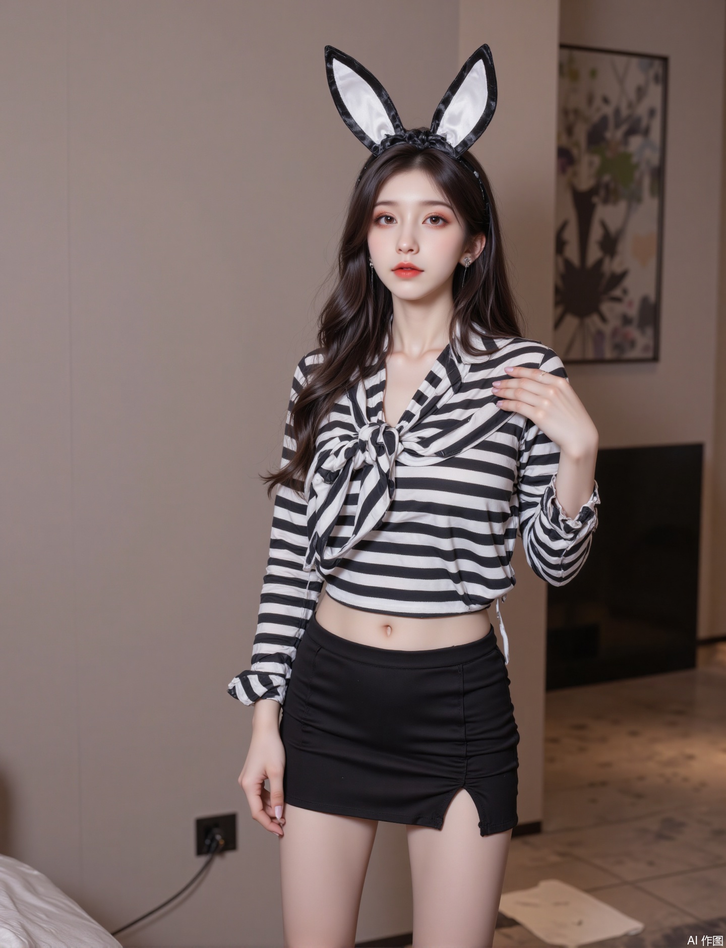 An Asian beauty wearing a black and white horizontal striped skirt and a horizontal long-sleeved shirt with a short skirt with a side slit, a knotted shirt with a navel exposed, and wearing a cute kitten cartoon hat on her head, posing in the room
