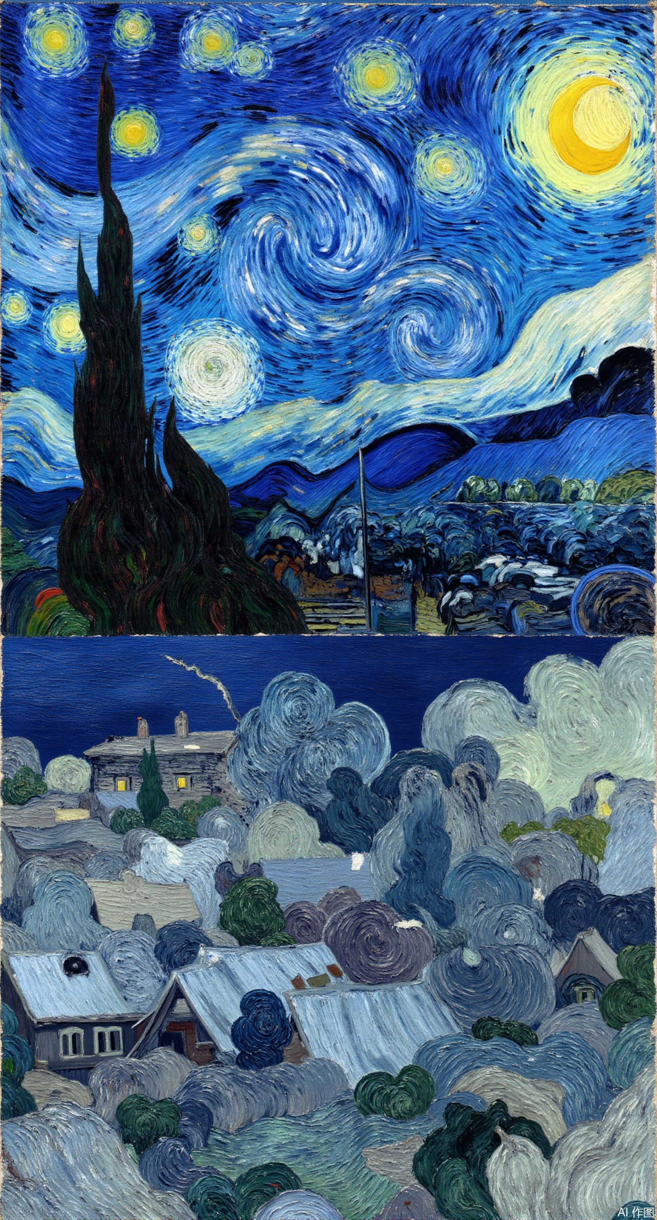 Starry Night over Saint-Rémy by Vincent van Gogh, swirling cobalt blue sky with glowing yellow stars, cypress tree silhouette against village rooftops, thick impasto brushstrokes, oil painting texture, moonlit landscape.Xdongjixiaofu,Xlanbaixiaofu,XkjwjlzyY,XLiquidGlass,XiPhone17Pro,Xshuilian,XzhuxianbiyaoX,Xzhanguopao,Xvangoghstyle,Xsysh