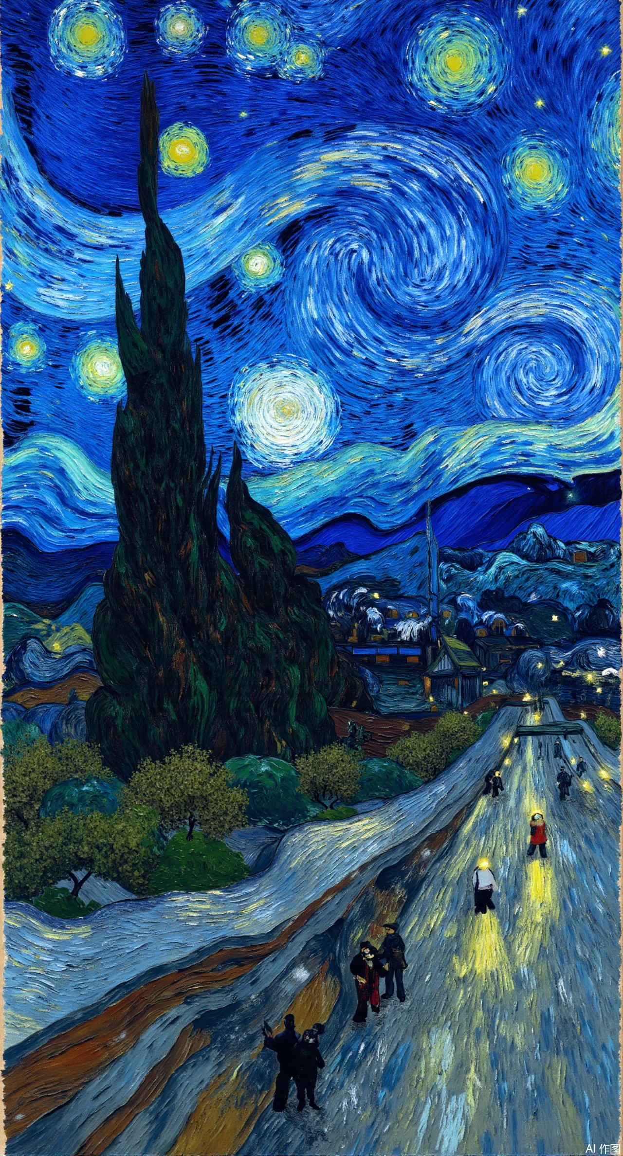 Starry Night over Saint-Rémy by Vincent van Gogh, swirling cobalt blue sky with glowing yellow stars, cypress tree silhouette against village rooftops, thick impasto brushstrokes, oil painting texture, moonlit landscape.Xdongjixiaofu,Xlanbaixiaofu,XkjwjlzyY,XLiquidGlass,XiPhone17Pro,Xshuilian,XzhuxianbiyaoX,Xzhanguopao,Xvangoghstyle,Xsysh