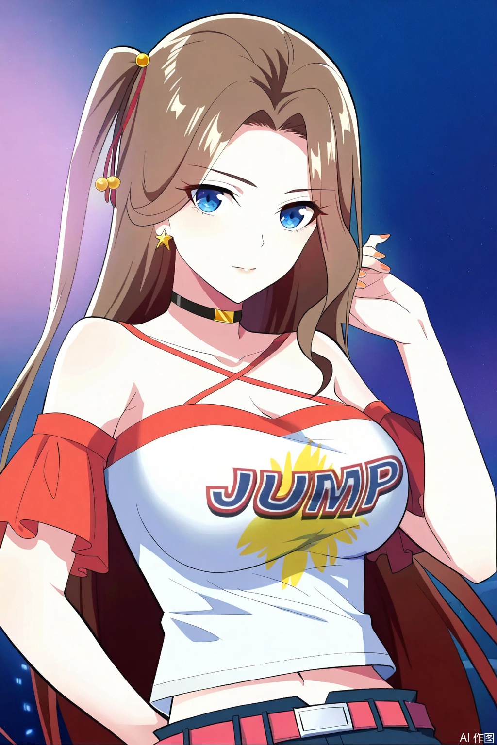 1girl, long hair, breasts, looking at viewer, blue eyes, large breasts, brown hair, shirt, navel, cleavage, bare shoulders, jewelry, very long hair, white shirt, earrings, shorts, choker, midriff, belt, masterpiece,best quality,official art,extremely detailed CG unity 8k wallpaper,
Random scene,upper body,looking at viewer,