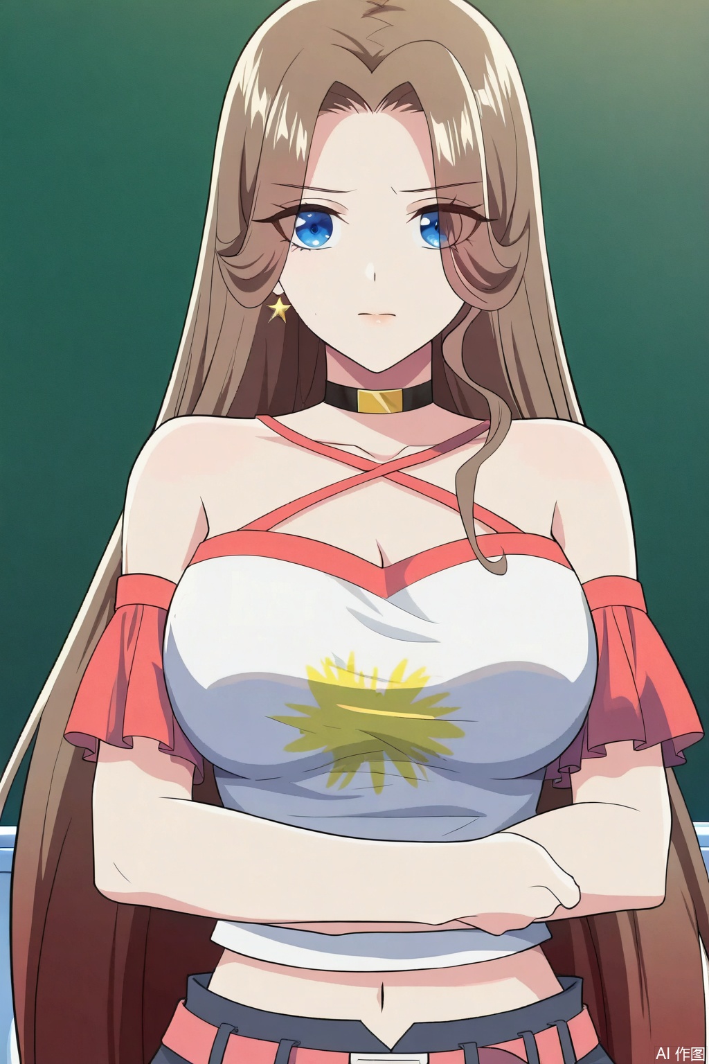 1girl, long hair, breasts, looking at viewer, blue eyes, large breasts, brown hair, shirt, navel, cleavage, bare shoulders, jewelry, very long hair, white shirt, earrings, shorts, choker, midriff, belt, masterpiece,best quality,official art,extremely detailed CG unity 8k wallpaper,
Random scene,upper body,looking at viewer,