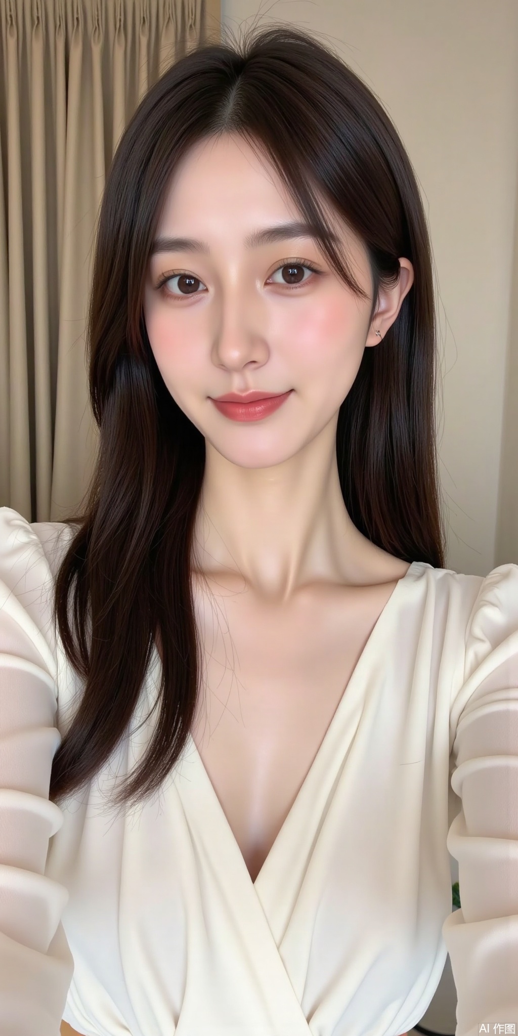 The image is a high-resolution photograph of an East Asian woman, likely in her twenties, taking a selfie. She has a fair complexion and long, straight, dark brown hair that cascades down past her shoulders. Her hair is smooth and glossy, with a few strands slightly parted to frame her face. She has large, expressive brown eyes with long, dark eyelashes, and her eyebrows are neatly groomed. Her makeup is minimal, with a natural, fresh look featuring a subtle pink lip color and a hint of blush on her cheeks. She is wearing a white, long-sleeved blouse made of a soft, textured fabric that has a slightly pleated appearance, giving it a delicate, elegant feel. The blouse has a deep V-neckline, which adds a touch of sophistication to her outfit. The background is simple and neutral, featuring light beige curtains that are slightly parted, revealing a glimpse of a plain, light-colored wall. The overall setting suggests an indoor, well-lit environment, possibly a home or a studio, with a minimalist aesthetic. The image captures her in a relaxed, confident pose, with a slight smile on her lips, exuding a sense of calm and approachability.