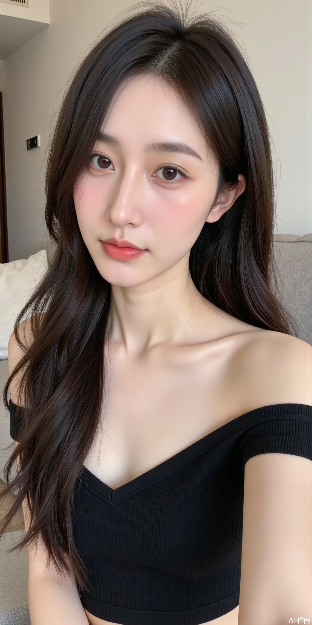 This is a high-resolution photograph of an East Asian woman with a fair complexion, long, wavy, dark brown hair cascading over her shoulders, and expressive brown eyes. She has a delicate, heart-shaped face with a smooth, flawless complexion. Her makeup is minimal yet elegant, featuring a light foundation, subtle eyeshadow, and a natural pink lipstick. She is wearing a black, off-the-shoulder top that reveals her delicate collarbone and shoulders, made of a soft, ribbed fabric that adds a touch of texture to her attire. 

In the background, there is a modern, minimalist living room setting. The sofa she is sitting on is upholstered in a light gray fabric, and a white pillow is placed to her left. The wall behind her is plain and white, with a small, dark wooden door to the left, and a rectangular, light-colored object, possibly a light switch or a small piece of art, mounted on the wall to the right. The lighting is soft and natural, likely coming from a window out of frame, casting gentle shadows and highlighting her features. The overall mood of the image is calm and intimate, focusing on the subject's serene and inviting presence