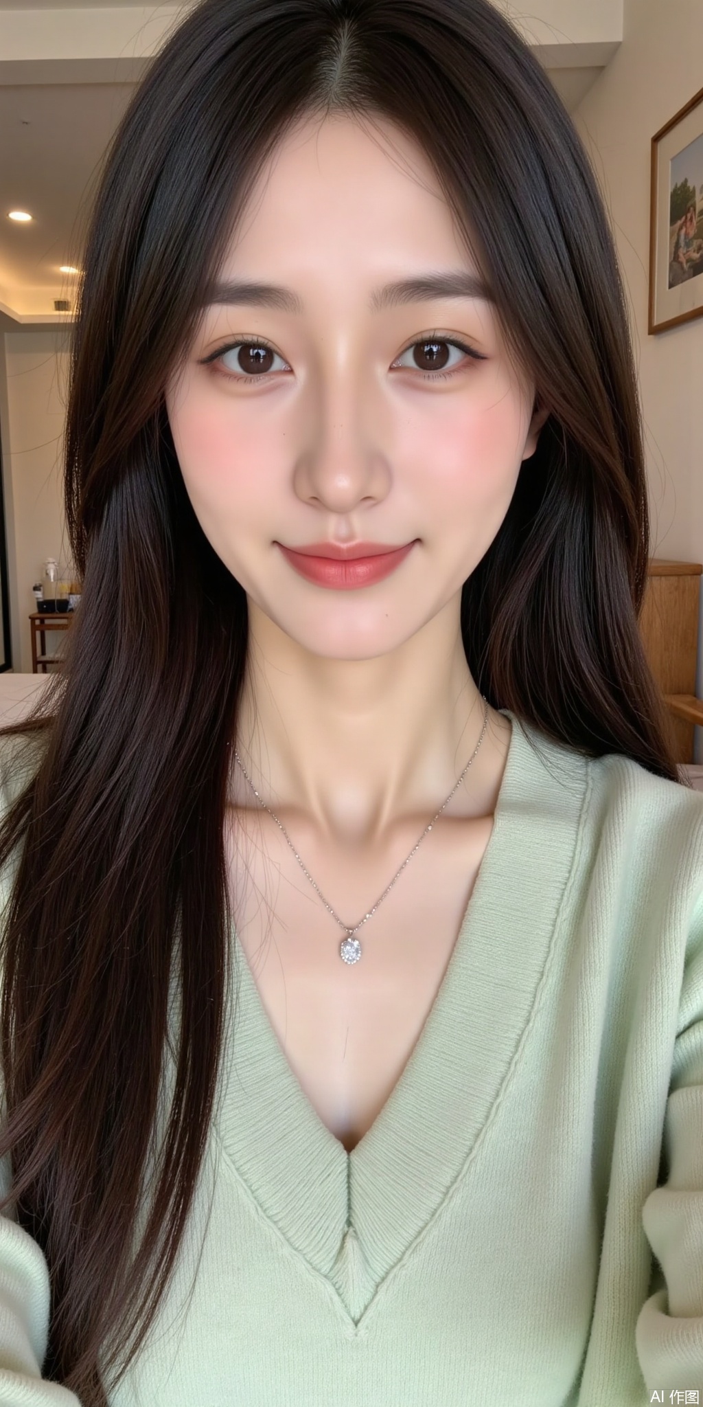 The image is a high-resolution photograph of a young Asian woman with a fair complexion and long, straight, dark brown hair that cascades over her shoulders. She has a gentle, serene expression with a slight smile and is looking directly at the camera. Her makeup is natural, featuring light eyeshadow, well-defined eyebrows, and a soft pink lip color. She is wearing a delicate silver necklace with a small, sparkling pendant that rests just above her cleavage. The necklace complements her simple, mint green, V-neck sweater made of a soft, textured fabric that appears to be a wool blend. The background of the image is softly blurred but reveals a cozy, indoor setting with wooden furniture and a framed picture on a white wall. The lighting is soft and natural, likely from a nearby window, casting a warm glow on her face and the room. The overall mood of the photograph is calm and intimate, emphasizing the subject's serene beauty and the simplicity of the setting.