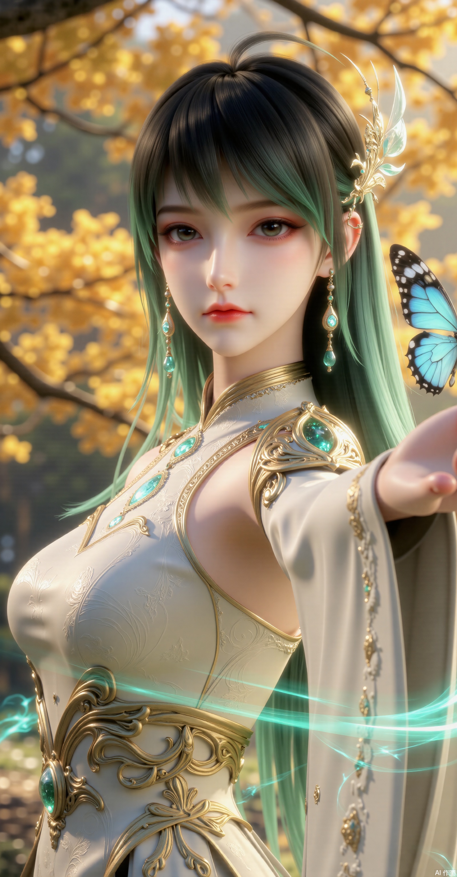 ((Masterpiece)), ((best quality)), ((ultra-detailed 8K)),

An ethereal Chinese fairy maiden with long gradient black-green hair, wearing elegant hanfu with golden embroidery,

Accessories: Delicate floral hairpin, jade earrings, metallic forehead ornament,

Key details: Right hand gracefully holding a glowing butterfly, surrounded by swirling teal-blue energy trails,

Costume: Layered light-colored robes with translucent sleeves, intricate golden belt ornaments,

Background: Autumn forest with golden-yellow leaves, warm sunlight filtering through foliage,

Lighting: Soft volumetric glow, cinematic rim lighting, magical atmosphere,

Art style: Guofeng fantasy realism, blend of traditional Chinese art and digital painting,

Color palette: Ivory white, emerald green, gold, teal blue, amber yellow.
