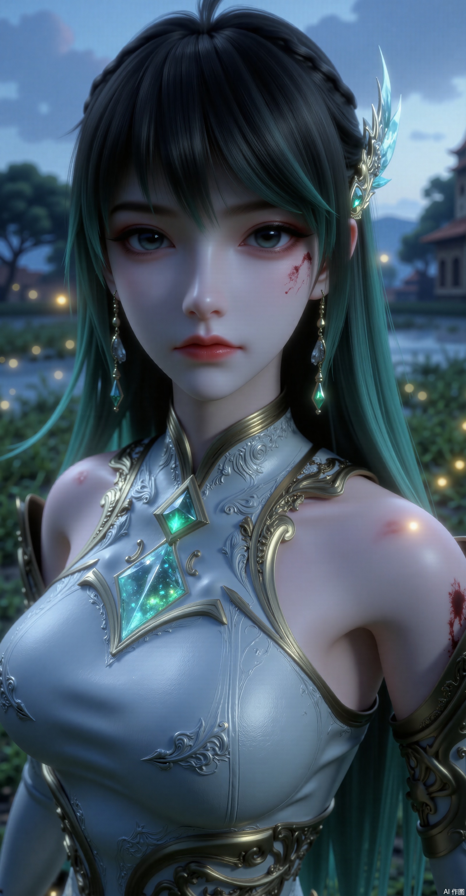 

((Masterpiece)) , ((best quality)) , ((ultra-detailed 8K)) ,

A battle-worn warrior woman with long black-green gradient hair , wearing ornate silver-white armor with golden filigree and teal gemstone inlays ,

Armor details: Intricate pauldrons with engraved patterns , bloodstains on left shoulder , sleek metallic gauntlets , embossed chestplate ,

Facial features: Sharp piercing eyes , determined expression , soft but fierce makeup , delicate hair accessories ,

Background: Misty grassland at dusk with floating ethereal fireflies , subtle glowing particles , dreamy cinematic atmosphere ,

Lighting: Dramatic rim lighting (cool blue tones) , warm ambient glow from fireflies , volumetric fog effect ,

Art style: Fantasy realism , blend of dark fantasy and elegant warrior aesthetics ,

Color palette: Silver-white , gold , emerald green , deep teal , crimson accents .
