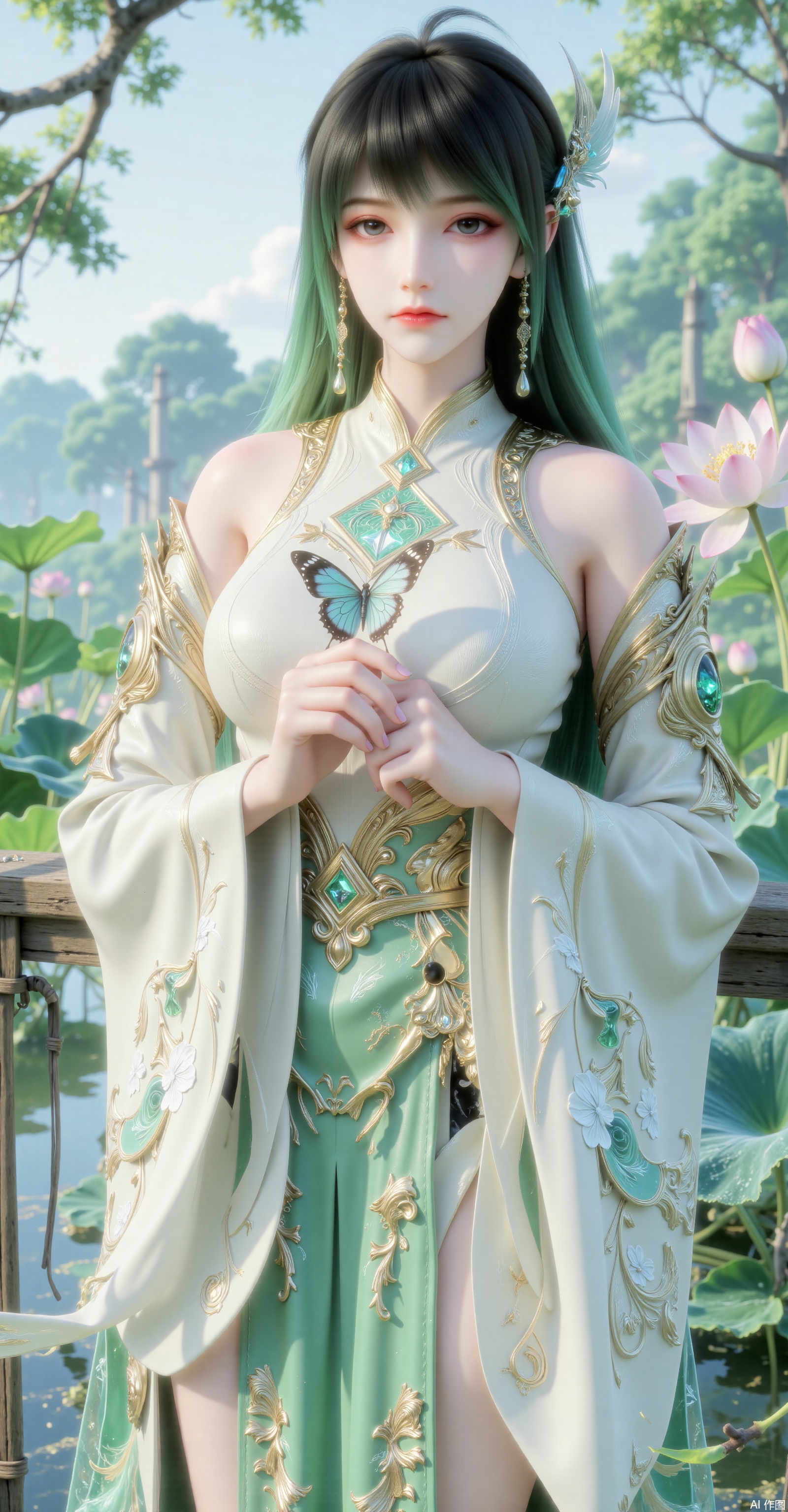 A古风少女in a light green and white hanfu holds a butterfly, standing by a tranquil lotus pond. The background features lotus leaves and reeds, rendered in a fresh and elegant ink wash style with soft, natural lighting.