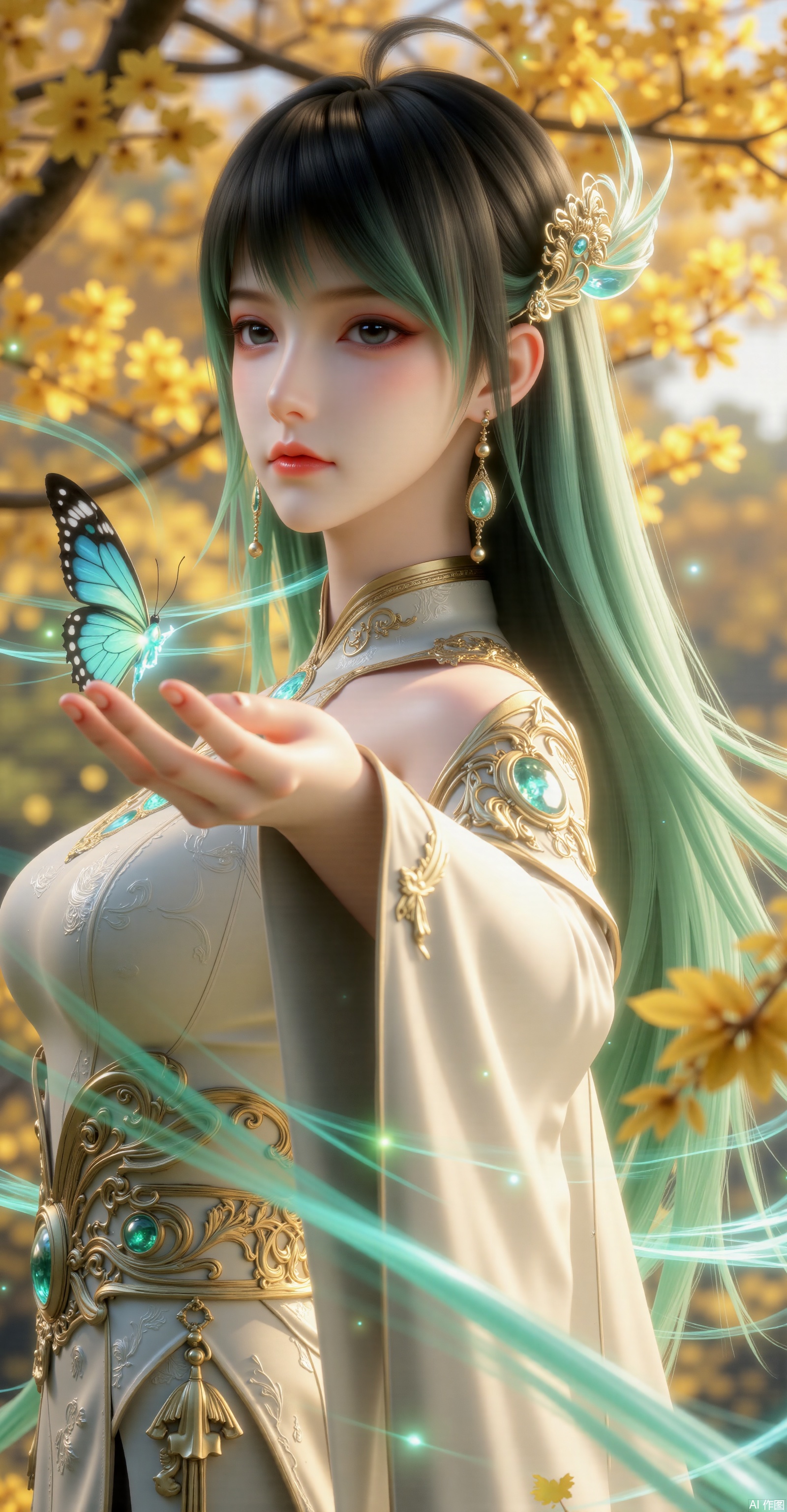 ((Masterpiece)), ((best quality)), ((ultra-detailed 8K)),

An ethereal Chinese fairy maiden with long gradient black-green hair, wearing elegant hanfu with golden embroidery,

Accessories: Delicate floral hairpin, jade earrings, metallic forehead ornament,

Key details: Right hand gracefully holding a glowing butterfly, surrounded by swirling teal-blue energy trails,

Costume: Layered light-colored robes with translucent sleeves, intricate golden belt ornaments,

Background: Autumn forest with golden-yellow leaves, warm sunlight filtering through foliage,

Lighting: Soft volumetric glow, cinematic rim lighting, magical atmosphere,

Art style: Guofeng fantasy realism, blend of traditional Chinese art and digital painting,

Color palette: Ivory white, emerald green, gold, teal blue, amber yellow.
