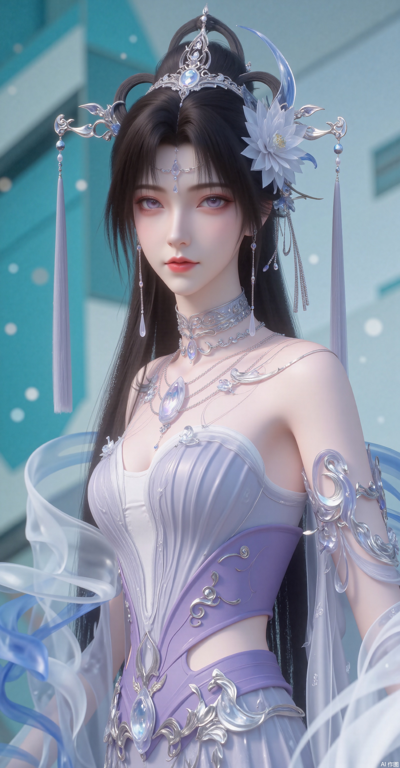 Stunning precision, 8K Ultra HD, a fairy-like Chinese style woman with long black hair and silver-blue headdress (hanging bead chains).
 
She wears a light purple embroidered Hanfu, a crescent waist ornament, and semi-transparent gauze sleeves, with slender legs faintly visible.
 
Background: turquoise mist + light spot particles, softly haloed.
 
Lighting: edge glow + cool-toned atmosphere.
 
Style: xianxia realism. Colors: light purple/silver white/verdant green/streaming blue.