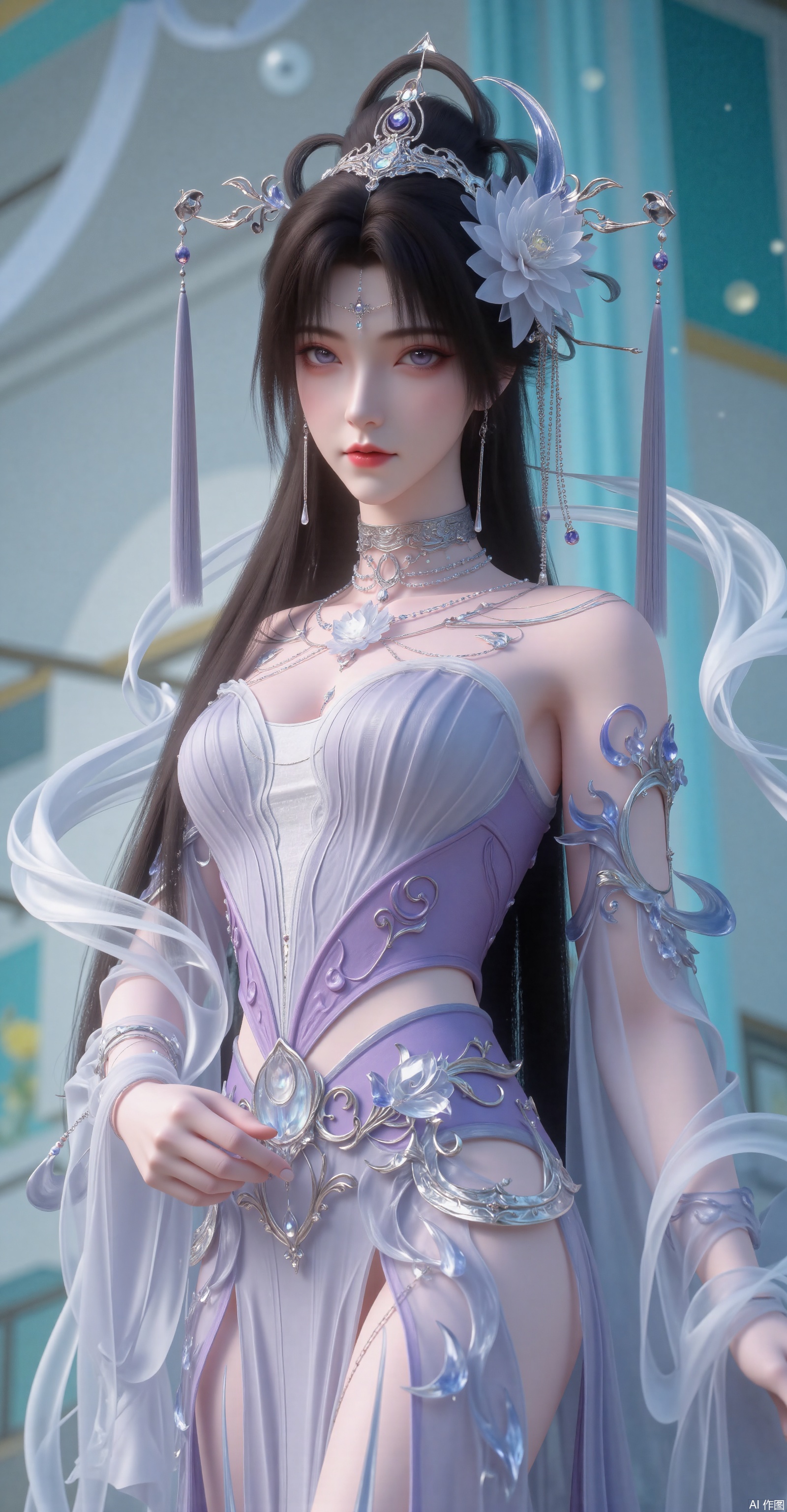 Stunning precision, 8K Ultra HD, a fairy-like Chinese style woman with long black hair and silver-blue headdress (hanging bead chains).
 
She wears a light purple embroidered Hanfu, a crescent waist ornament, and semi-transparent gauze sleeves, with slender legs faintly visible.
 
Background: turquoise mist + light spot particles, softly haloed.
 
Lighting: edge glow + cool-toned atmosphere.
 
Style: xianxia realism. Colors: light purple/silver white/verdant green/streaming blue.