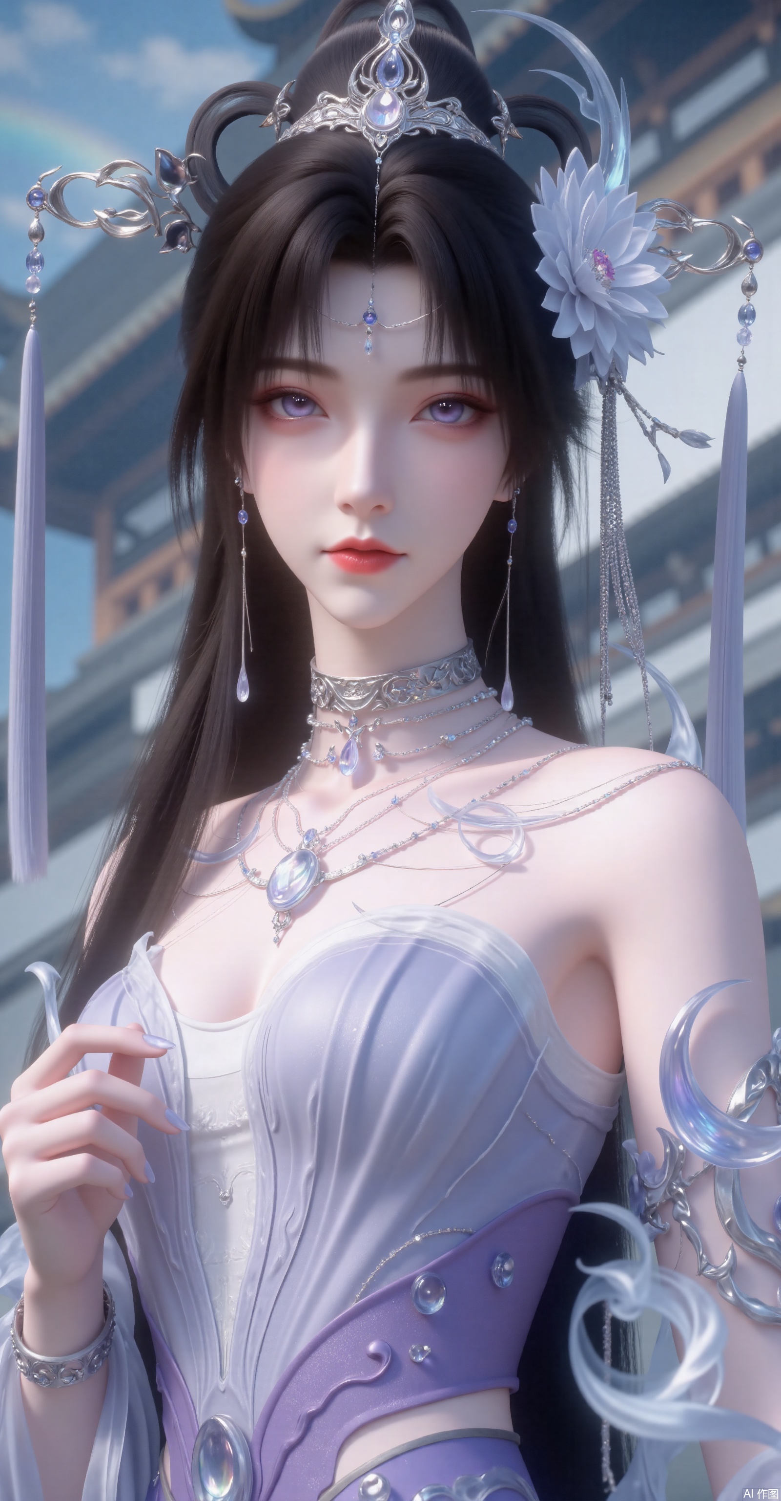 Stunning precision, 8K ultra - clear, Chinese national style xianxia woman. Long jet - black hair + silver - blue flower - adorned headdress (with hanging tassels). Light purple close - fitting Hanfu.
 
Multi - layer crescent moon necklace + flower - shaped arm bracelet, translucent gem decorations.
 
Cool - toned misty background (blurred ancient architecture), rainbow - light edge glow.
 
Color combination: ice purple/silver blue/pearl white, fairy - like realistic style.