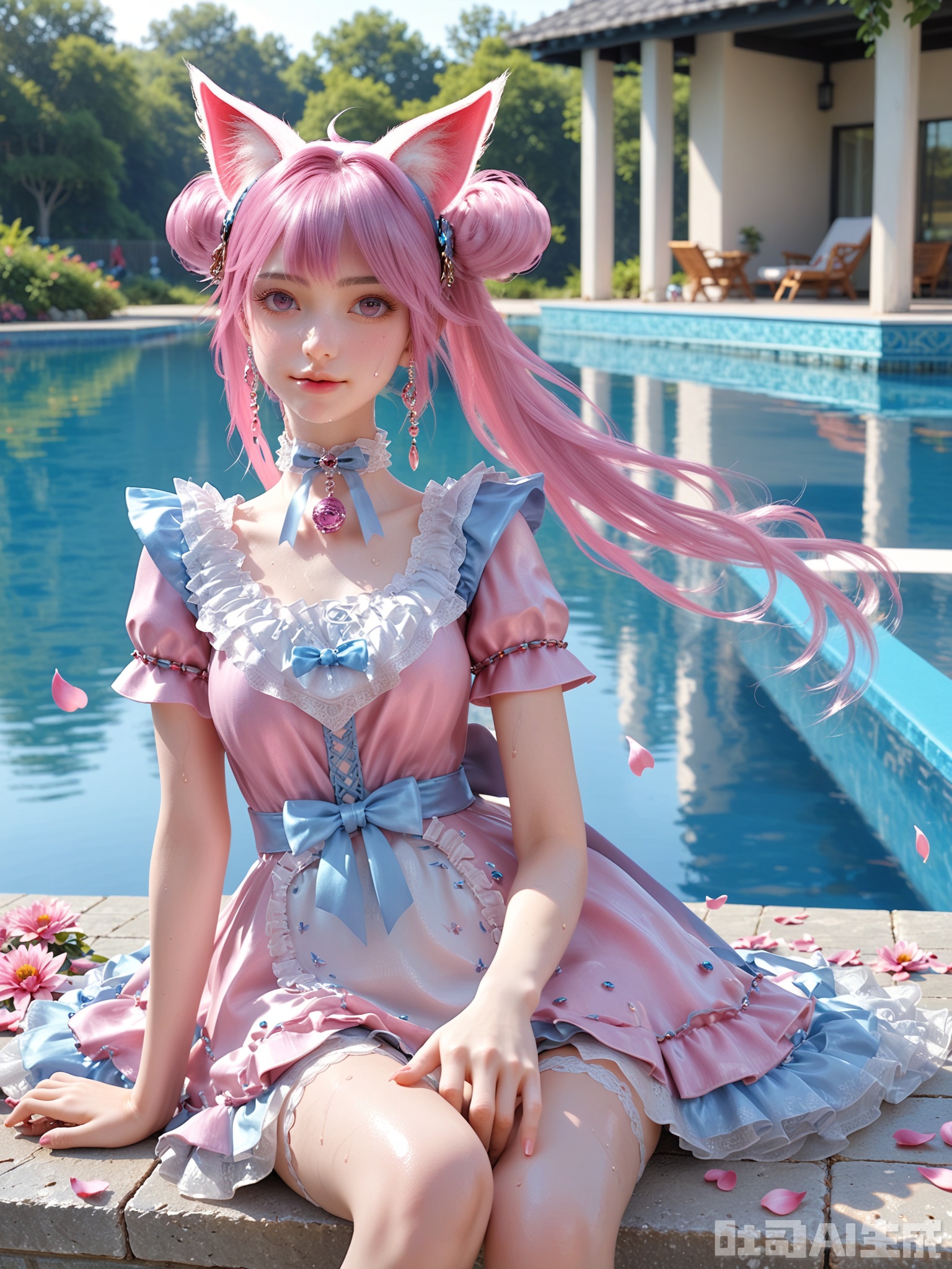 score_9,score_8_up,score_7_up,realistic,photorealistic,1girl,looking_at_viewer,realistic,dynamic poses,1girl,Vivid Colors,bright environment,delicate water,hair_ornament,shiny skin,shiny hair,reflection,dress,flower sea,falling petals,extreme detail description,(upper body:0.3),put one hand on your side,(skindentation:1.3),bright,sunshine on face,light,sweating,dress,light,sitting_down,long hair,(skinny:1.3),lower leg,thin legs,slim hips,very slender legs,pink dress,thighhigh