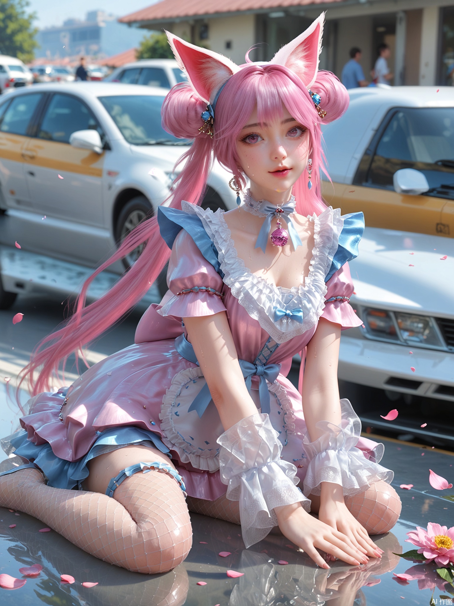 score_9,score_8_up,score_7_up,1girl,looking_at_viewer,realistic,1girl,Vivid Colors,bright environment,delicate water,hair_ornament,shiny skin,shiny hair,reflection,dress,flower sea,falling petals,extreme detail description,(full body:0.3),put one hand on your side,long_hair,(skindentation:1.3),Fishnet stockings,bright,sunshine on face,light,sweating,dress,light,sitting_down,pink hair
