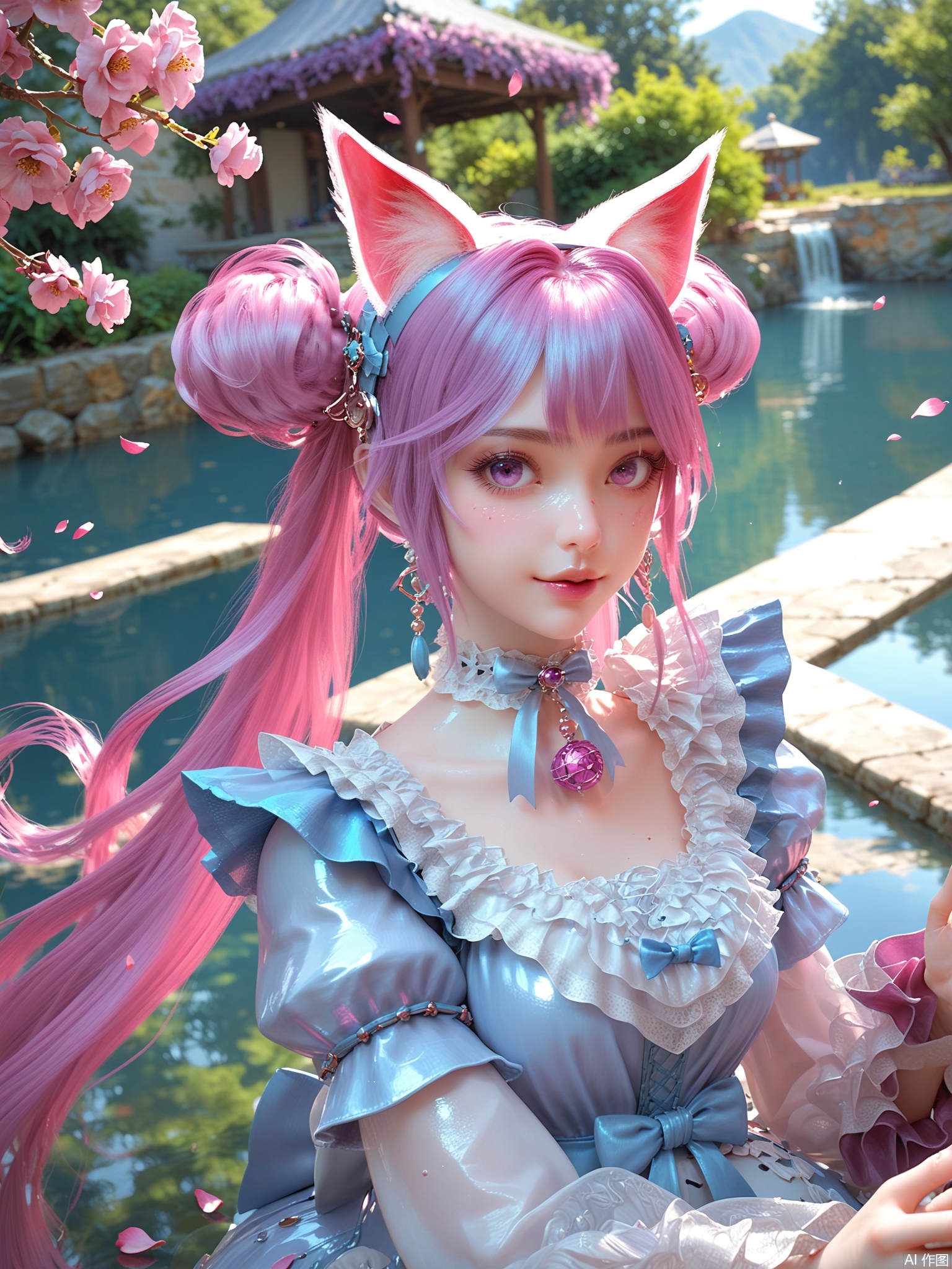 score_9,score_8_up,score_7_up,1girl,looking_at_viewer,realistic,1girl,Vivid Colors,bright environment,delicate water,hair_ornament,shiny skin,reflection,dress,flower sea,falling petals,extreme detail description,(upper body:0.3),put one hand on your side,long_hair,(skindentation:1.3),bright,sunshine on face,light,dress,light,sitting_down,eyes highlight