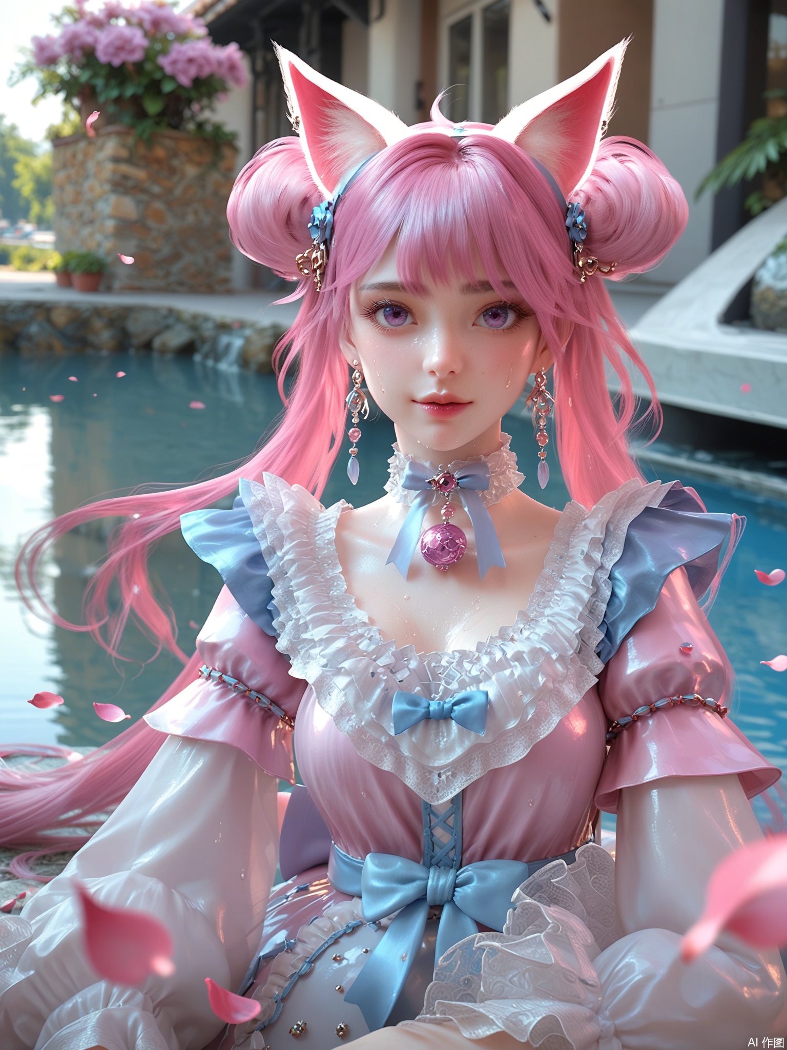 score_9,score_8_up,score_7_up,1girl,looking_at_viewer,realistic,1girl,Vivid Colors,bright environment,delicate water,hair_ornament,shiny skin,shiny hair,reflection,dress,flower sea,falling petals,extreme detail description,(upper body:0.3),put one hand on your side,long_hair,(skindentation:1.3),Fishnet stockings,bright,sunshine on face,light,sweating,dress,light,sitting_down,pink hair