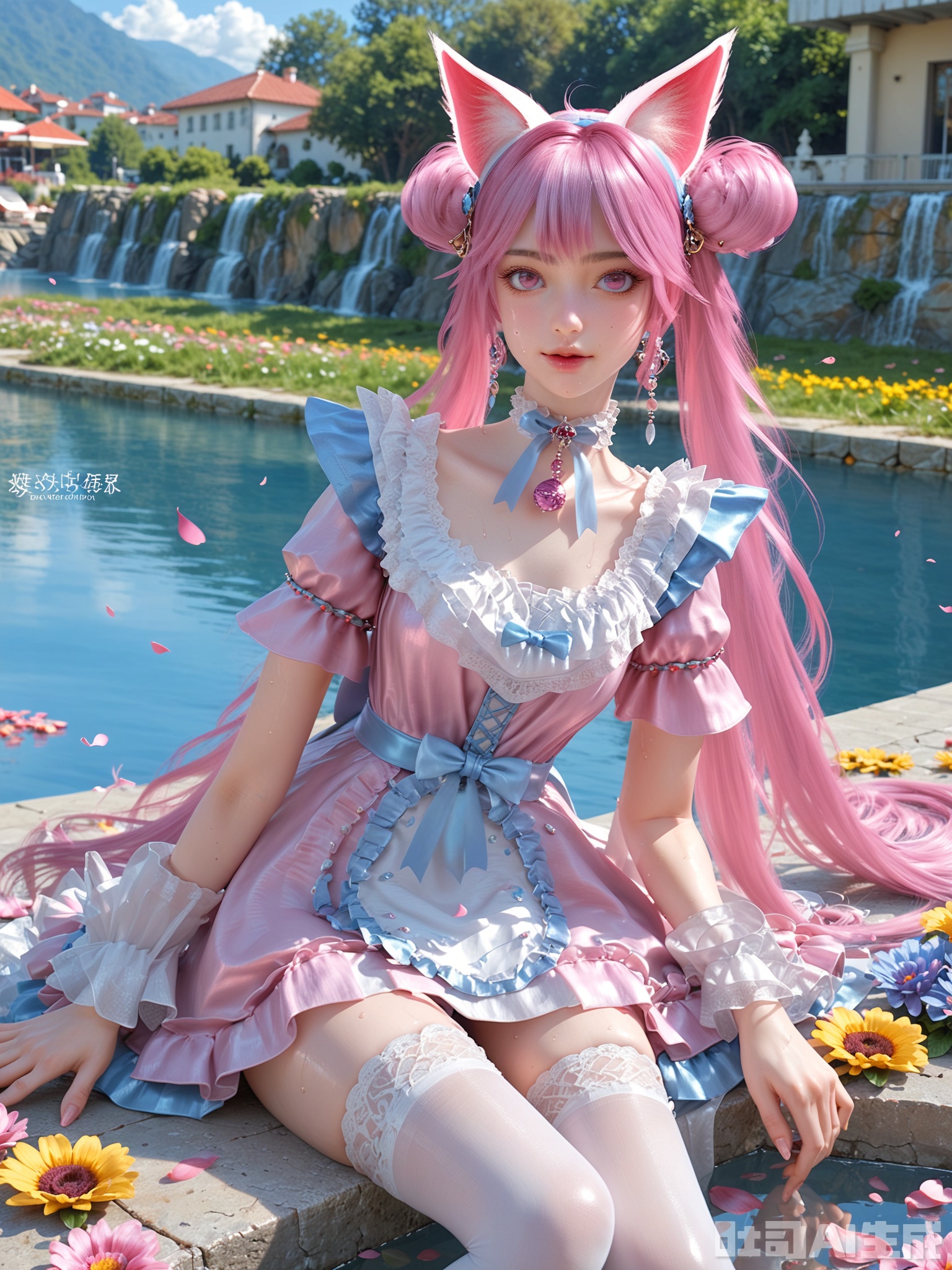 score_9,score_8_up,score_7_up,realistic,photorealistic,1girl,looking_at_viewer,realistic,dynamic poses,1girl,Vivid Colors,bright environment,delicate water,hair_ornament,shiny skin,shiny hair,reflection,dress,flower sea,falling petals,extreme detail description,(upper body:0.3),put one hand on your side,(skindentation:1.3),bright,sunshine on face,light,sweating,dress,light,sitting_down,long hair,(skinny:1.3),lower leg,thin legs,slim hips,very slender legs,pink dress,white thighhighs,