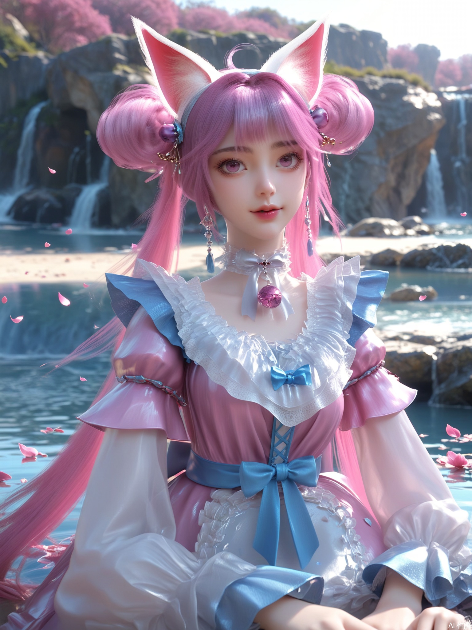 score_9,score_8_up,score_7_up,1girl,looking_at_viewer,realistic,1girl,Vivid Colors,bright environment,delicate water,hair_ornament,shiny skin,reflection,dress,flower sea,falling petals,extreme detail description,(upper body:0.3),put one hand on your side,long_hair,(skindentation:1.3),bright,sunshine on face,light,dress,light,sitting_down,eyes highlight