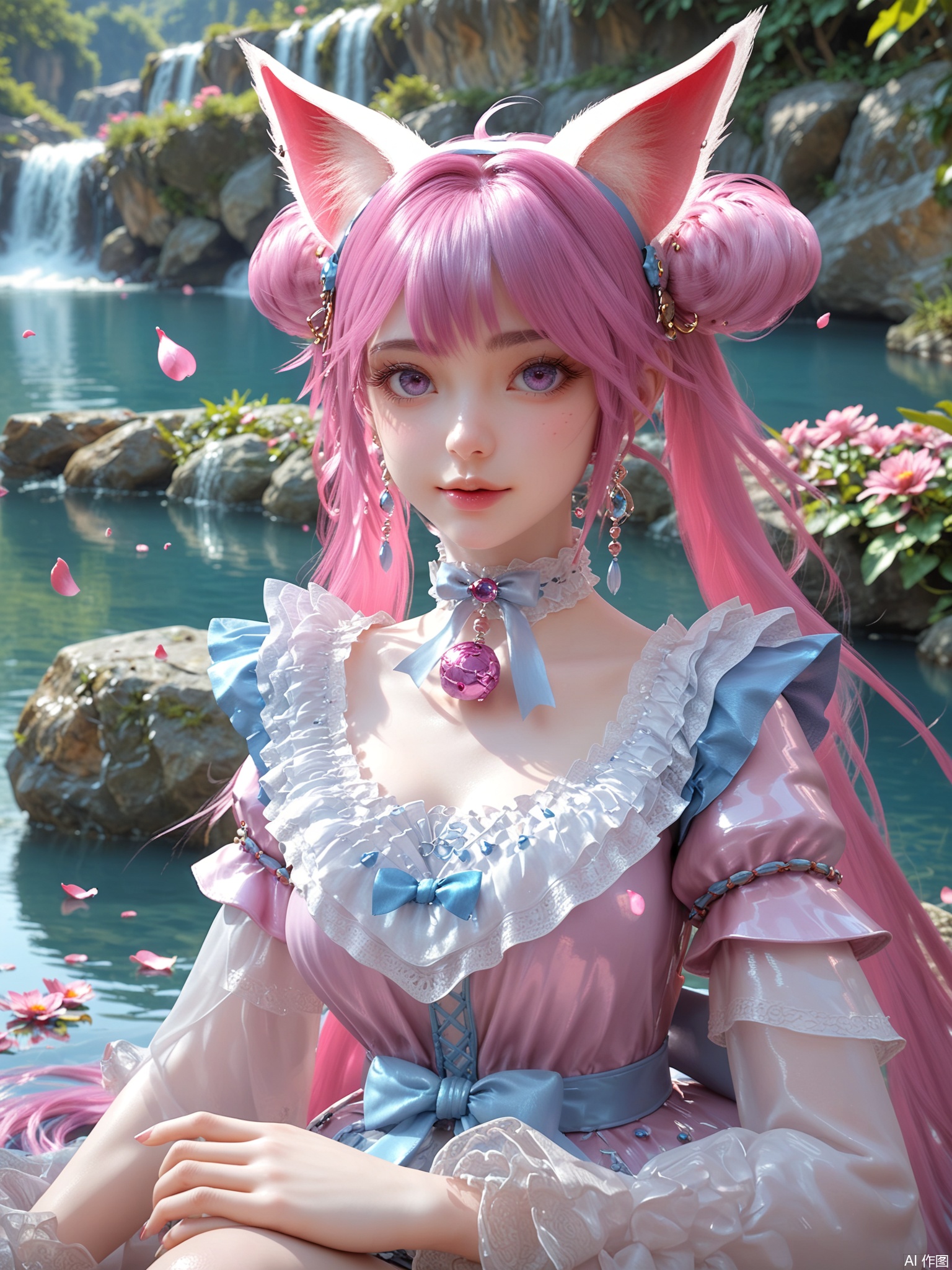 score_9,score_8_up,score_7_up,1girl,looking_at_viewer,realistic,1girl,Vivid Colors,bright environment,delicate water,hair_ornament,shiny skin,reflection,dress,flower sea,falling petals,extreme detail description,(upper body:0.3),put one hand on your side,long_hair,(skindentation:1.3),bright,sunshine on face,light,dress,light,sitting_down,eyes highlight