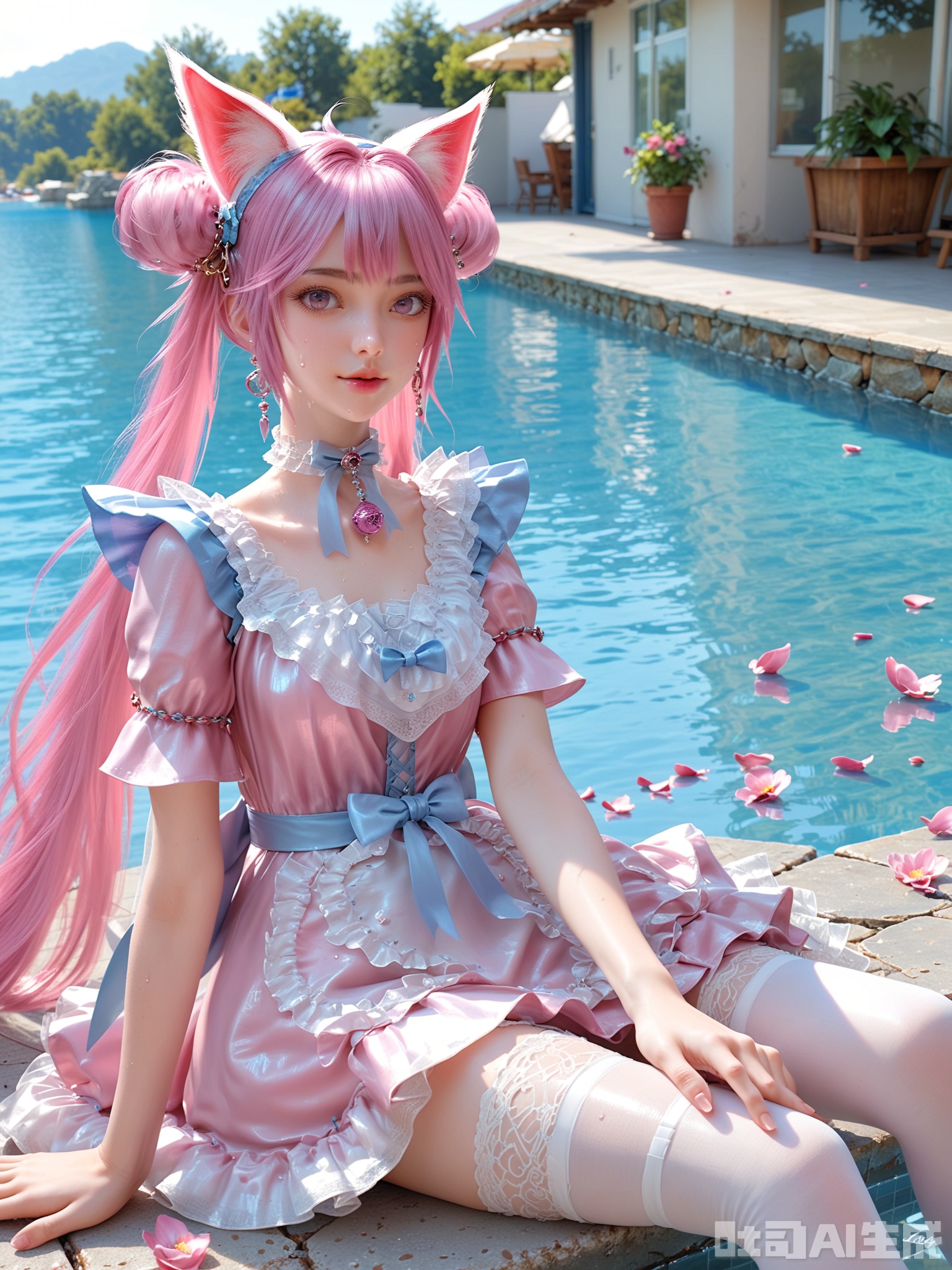 score_9,score_8_up,score_7_up,realistic,photorealistic,1girl,looking_at_viewer,realistic,dynamic poses,1girl,Vivid Colors,bright environment,delicate water,hair_ornament,shiny skin,shiny hair,reflection,dress,flower sea,falling petals,extreme detail description,(upper body:0.3),put one hand on your side,(skindentation:1.3),bright,sunshine on face,light,sweating,dress,light,sitting_down,long hair,(skinny:1.3),lower leg,thin legs,slim hips,very slender legs,pink dress,white thighhighs,