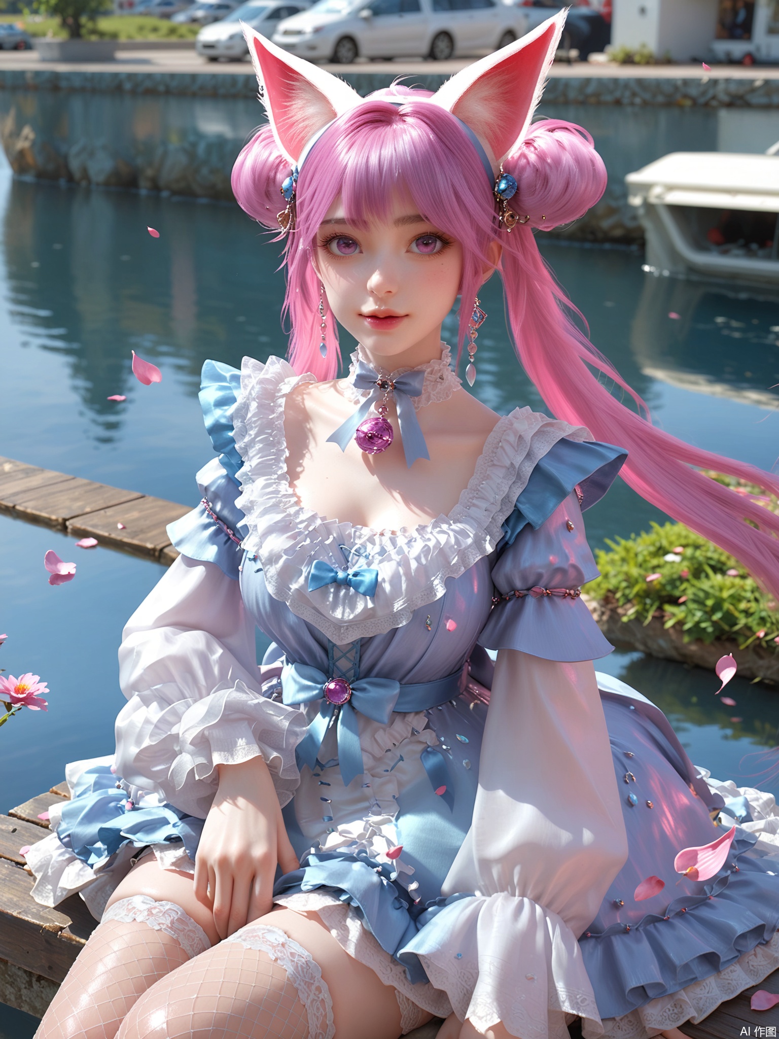 score_9,score_8_up,score_7_up,1girl,looking_at_viewer,realistic,1girl,Vivid Colors,bright environment,delicate water,hair_ornament,shiny skin,reflection,dress,flower sea,falling petals,extreme detail description,(upper body:0.3),put one hand on your side,long_hair,(skindentation:1.3),Fishnet stockings,bright,sunshine on face,light,dress,light,sitting_down,eyes highlight