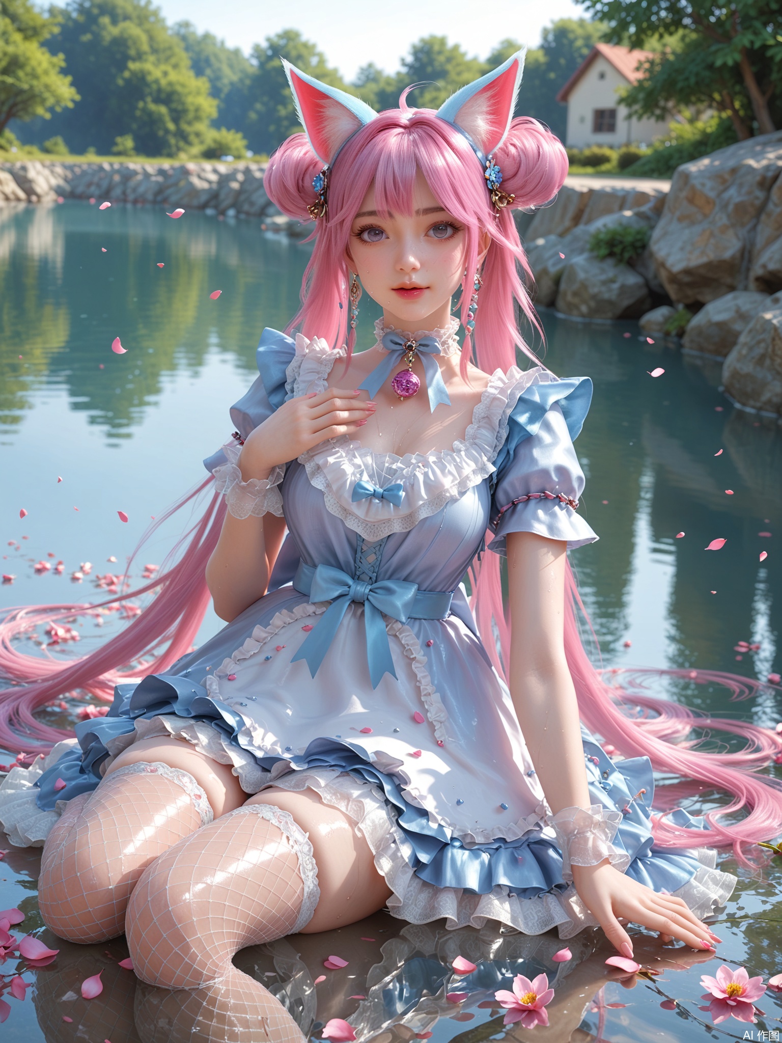 score_9,score_8_up,score_7_up,1girl,looking_at_viewer,realistic,1girl,Vivid Colors,bright environment,delicate water,hair_ornament,shiny skin,shiny hair,reflection,dress,flower sea,falling petals,extreme detail description,(full body:0.3),put one hand on your side,long_hair,(skindentation:1.3),Fishnet stockings,bright,sunshine on face,light,sweating,dress,light,sitting_down,pink hair