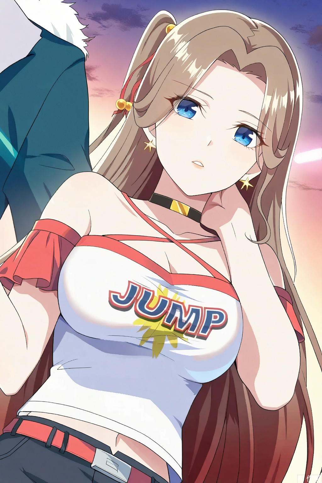 1girl, long hair, breasts, looking at viewer, blue eyes, large breasts, brown hair, shirt, navel, cleavage, bare shoulders, jewelry, very long hair, white shirt, earrings, shorts, choker, midriff, belt, masterpiece,best quality,official art,extremely detailed CG unity 8k wallpaper,
Random scene,upper body,looking at viewer,