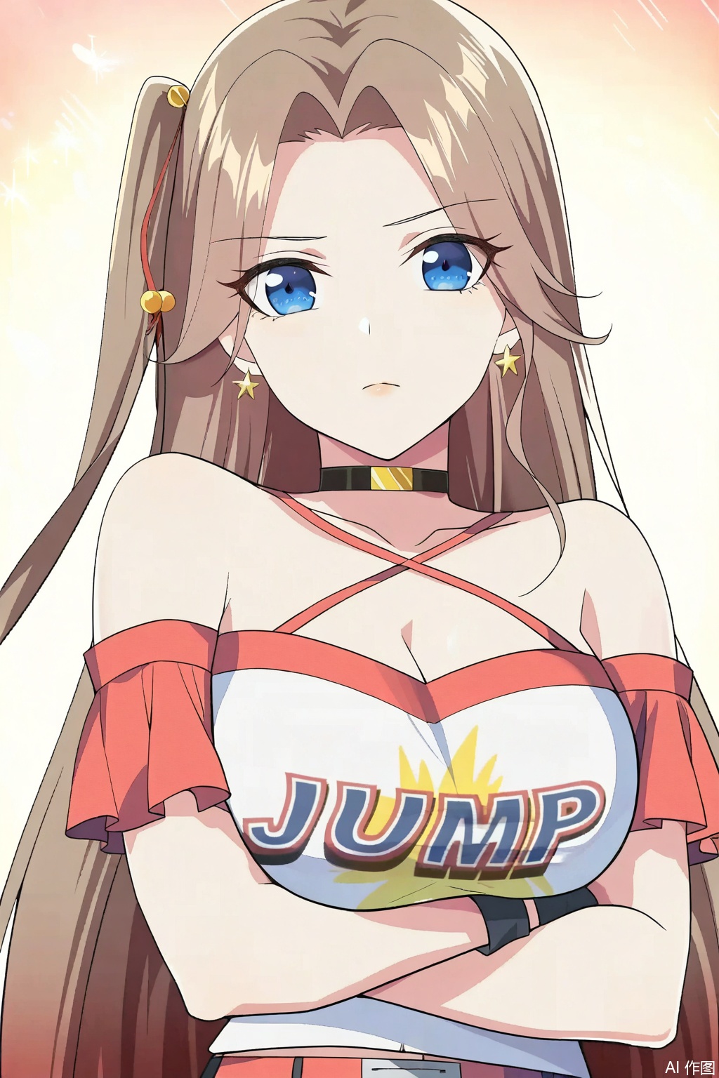 1girl, long hair, breasts, looking at viewer, blue eyes, large breasts, brown hair, shirt, navel, cleavage, bare shoulders, jewelry, very long hair, white shirt, earrings, shorts, choker, midriff, belt, masterpiece,best quality,official art,extremely detailed CG unity 8k wallpaper,
Random scene,upper body,looking at viewer,