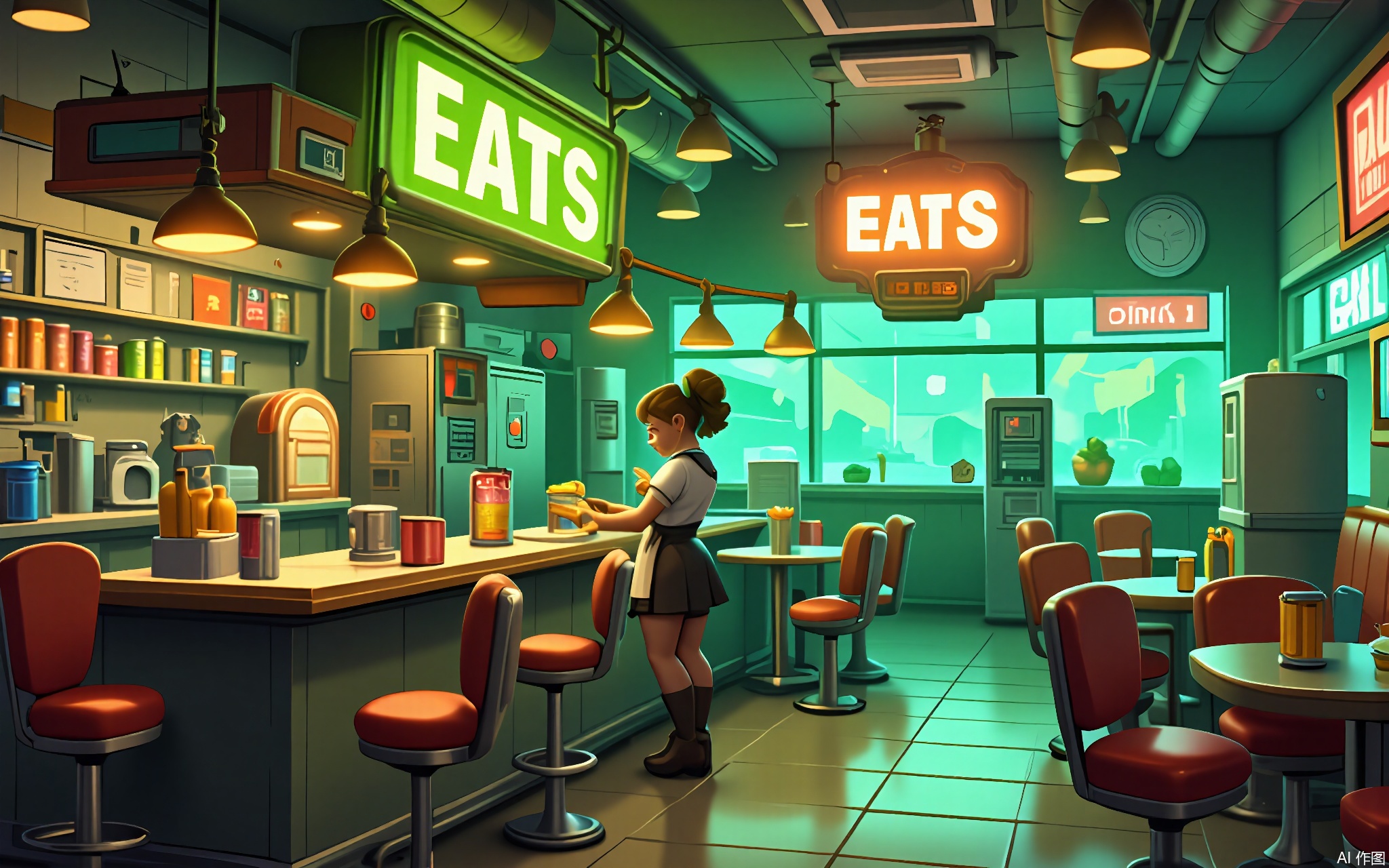 OKCJ, 
A gritty digital scene of a post-apocalyptic diner in cartoon style, bathed in radioactive green twilight. Rusted cars surround a neon "EATS" sign flickering above a cracked jukebox. A robot waitress polishes a countertop littered with energy drink cans, while a geiger counter ticks ominously in the background.
