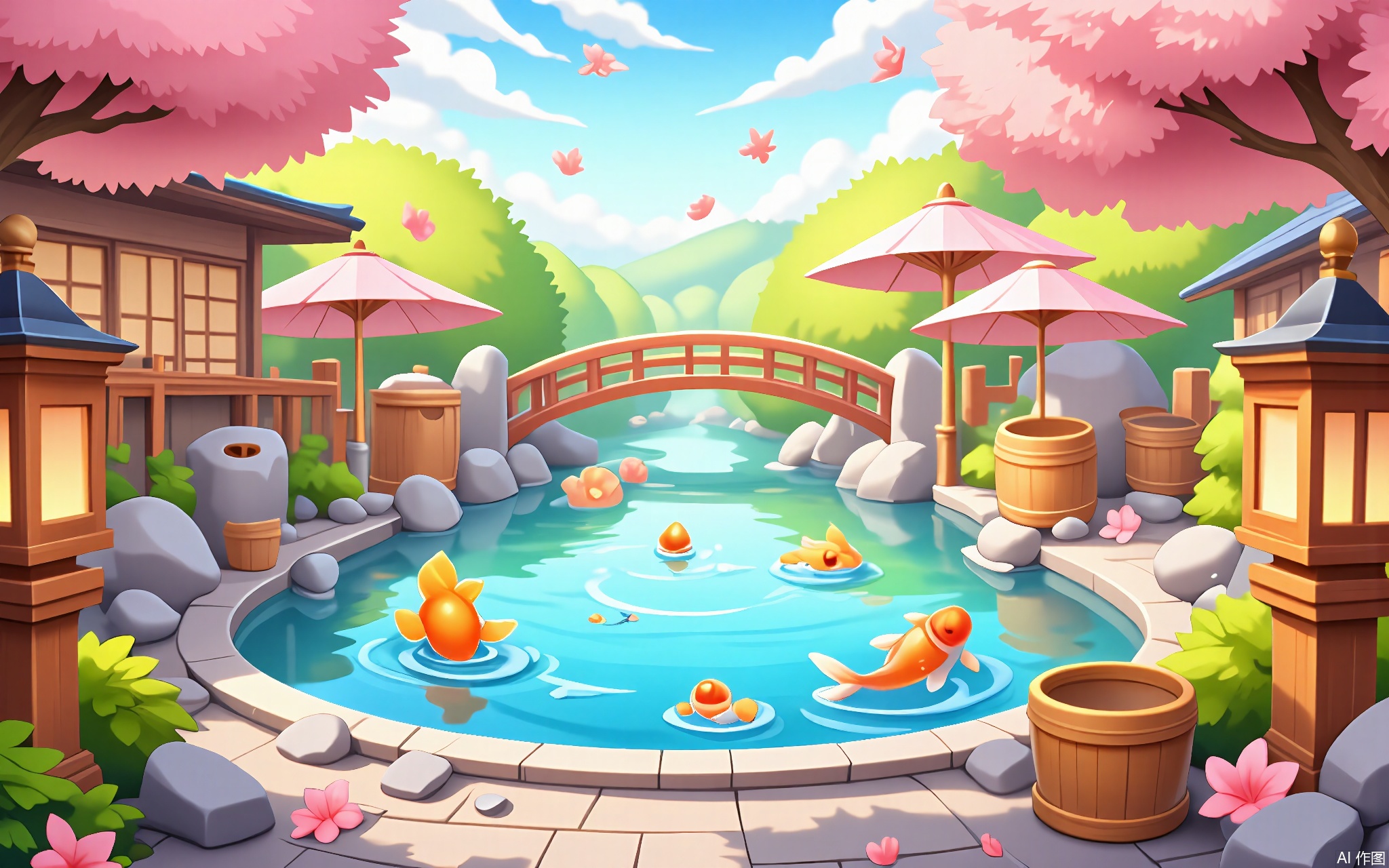 OKCJ, 
A serene digital depiction of a Japanese-inspired hot springs garden in cartoon style, under cherry blossom petals. Stone lanterns line a bamboo path to a steaming onsen pool, where paper umbrellas float beside wooden buckets. A red arched bridge spans a koi pond, while maple leaves drift in the breeze.
