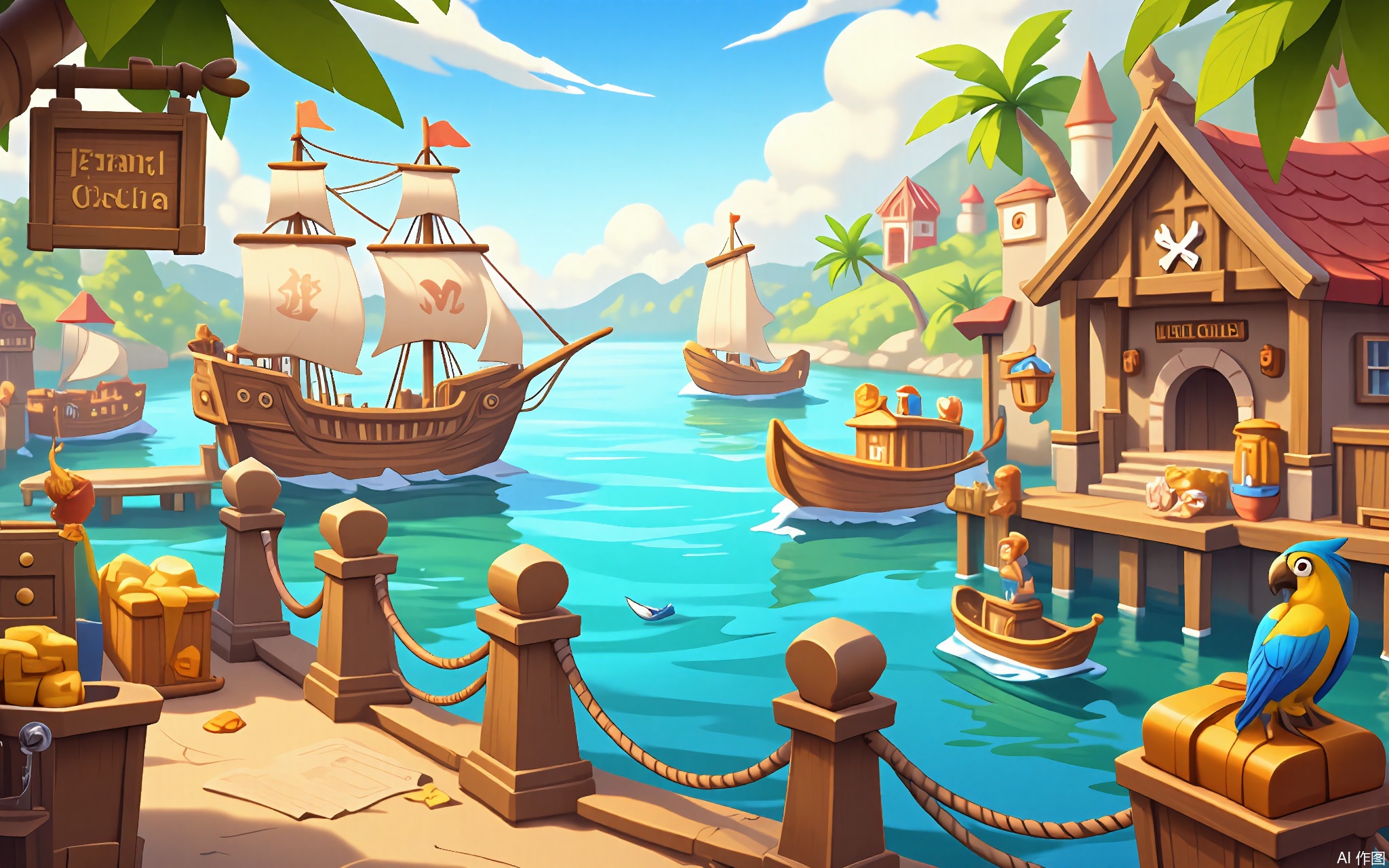 OKCJ, 
A lively digital scene of a pirate cove harbor at dawn, rendered in vibrant cartoon style. Weathered wooden docks extend into turquoise waters, where fishing boats bob beside a three-masted galleon. Crates of exotic goods, treasure maps, and parrots perch on ropes. A tavern with a weather vane crab adorns the cliffside, exuding salty adventure vibes.
