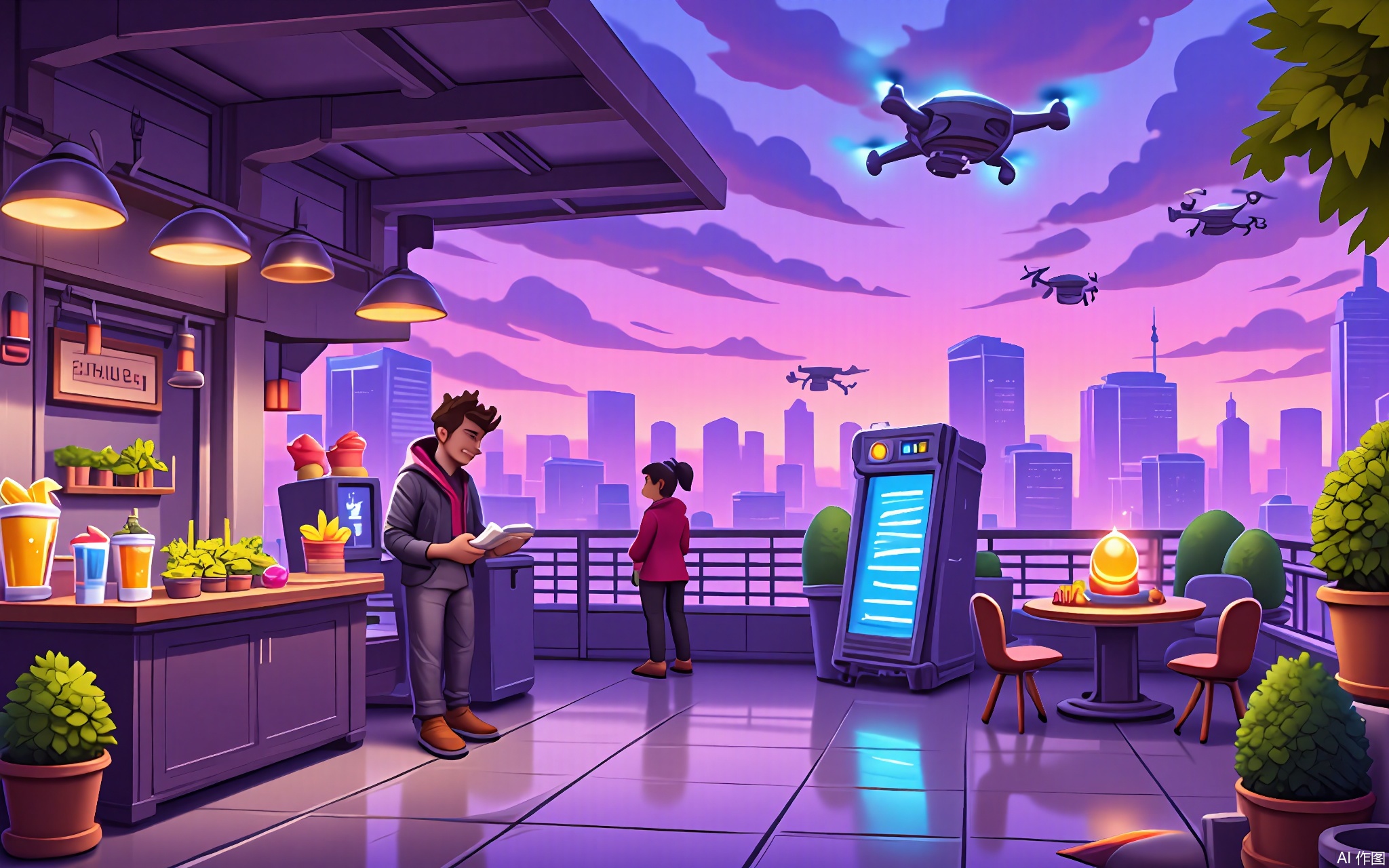 OKCJ, 
A dynamic digital rendering of a futuristic city rooftop garden in cartoon style, under neon-purple dusk. Hydroponic planters burst with glowing flora between solar-panel awnings. A hover-cart vendor sells neon smoothies beside a holographic chess table. Potted bonsai trees and floating drones complete the cyber-serene atmosphere.
