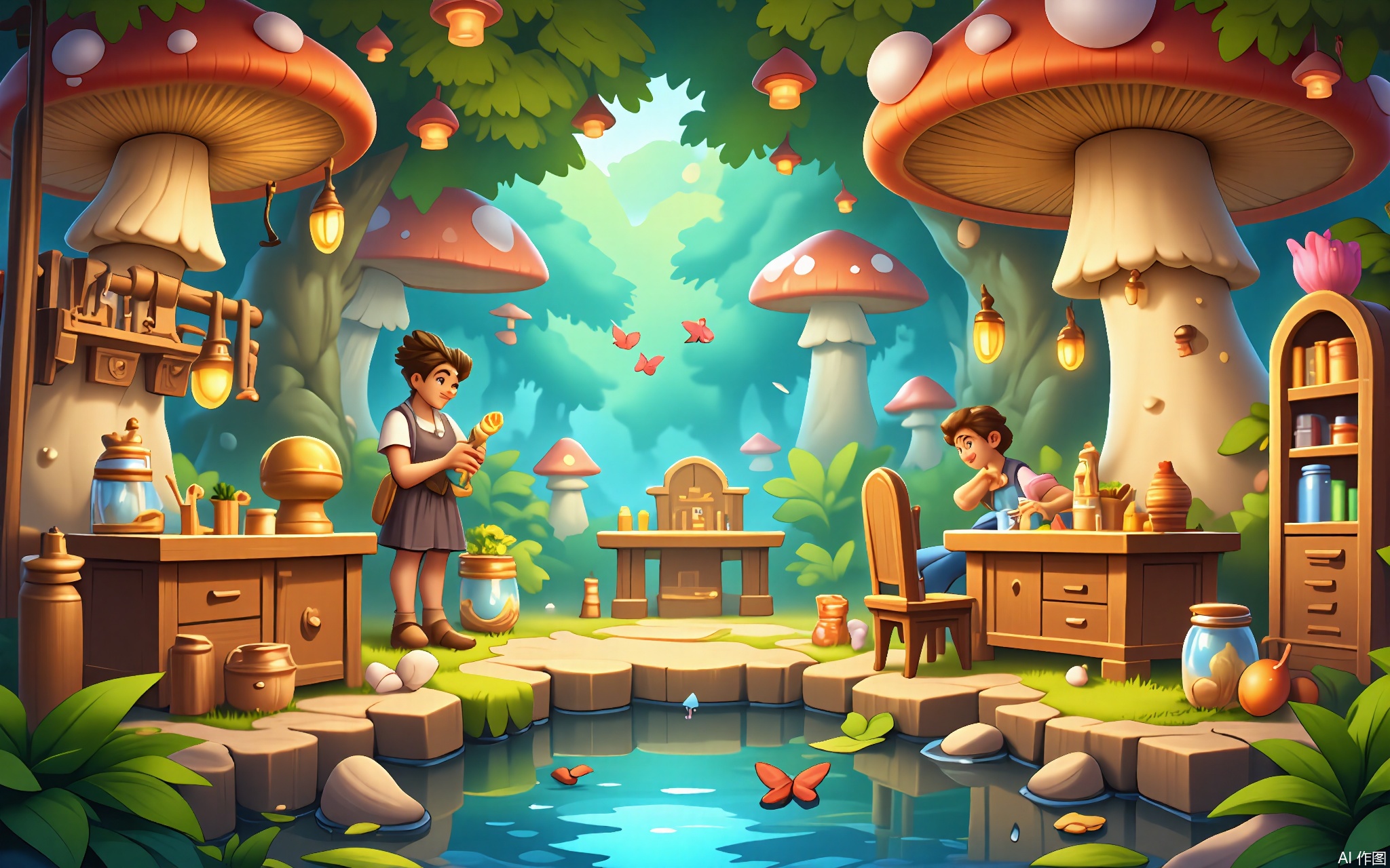 OKCJ, 
A magical digital illustration of a forest fairy workshop in cartoon style, hidden among giant toadstools. Twinkling fairy lights illuminate workbenches where miniature furniture is crafted from acorns. A glowing pond reflects a tiny village, while butterfly assistants sort pollen into glass jars.
