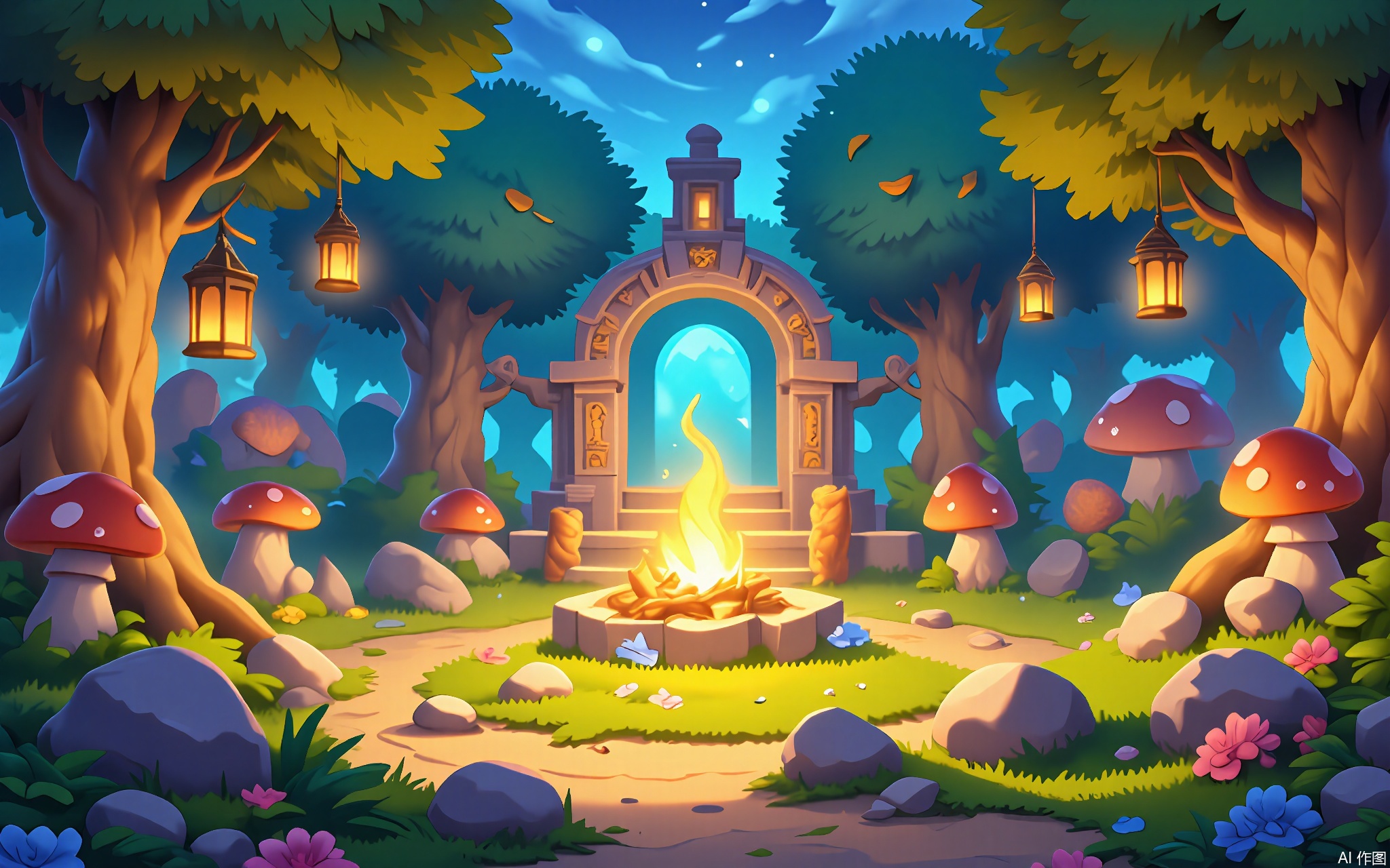 OKCJ, 
A whimsical digital illustration of an enchanted forest clearing in a cartoon style, bathed in golden twilight filtering through bioluminescent trees. The glen features a moss-covered stone altar, a glowing crystal pond, and twisted mushroom benches. A circle of ancient runestones surrounds a campfire, with floating lanterns and animal totems. The air shimmers with magical particles, creating an aura of mystical discovery.
