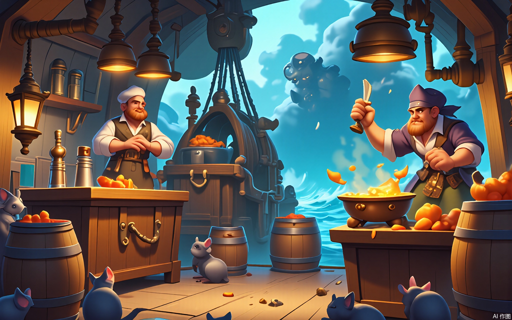 OKCJ, 
A chaotic digital scene of a pirate ship galley in cartoon style, listing violently during a storm. Rats scurry past a cooking cauldron bubbling with questionable stew, while the cook clings to a swaying lantern. Barrels of rum and swords clatter as waves crash through the portholes.
