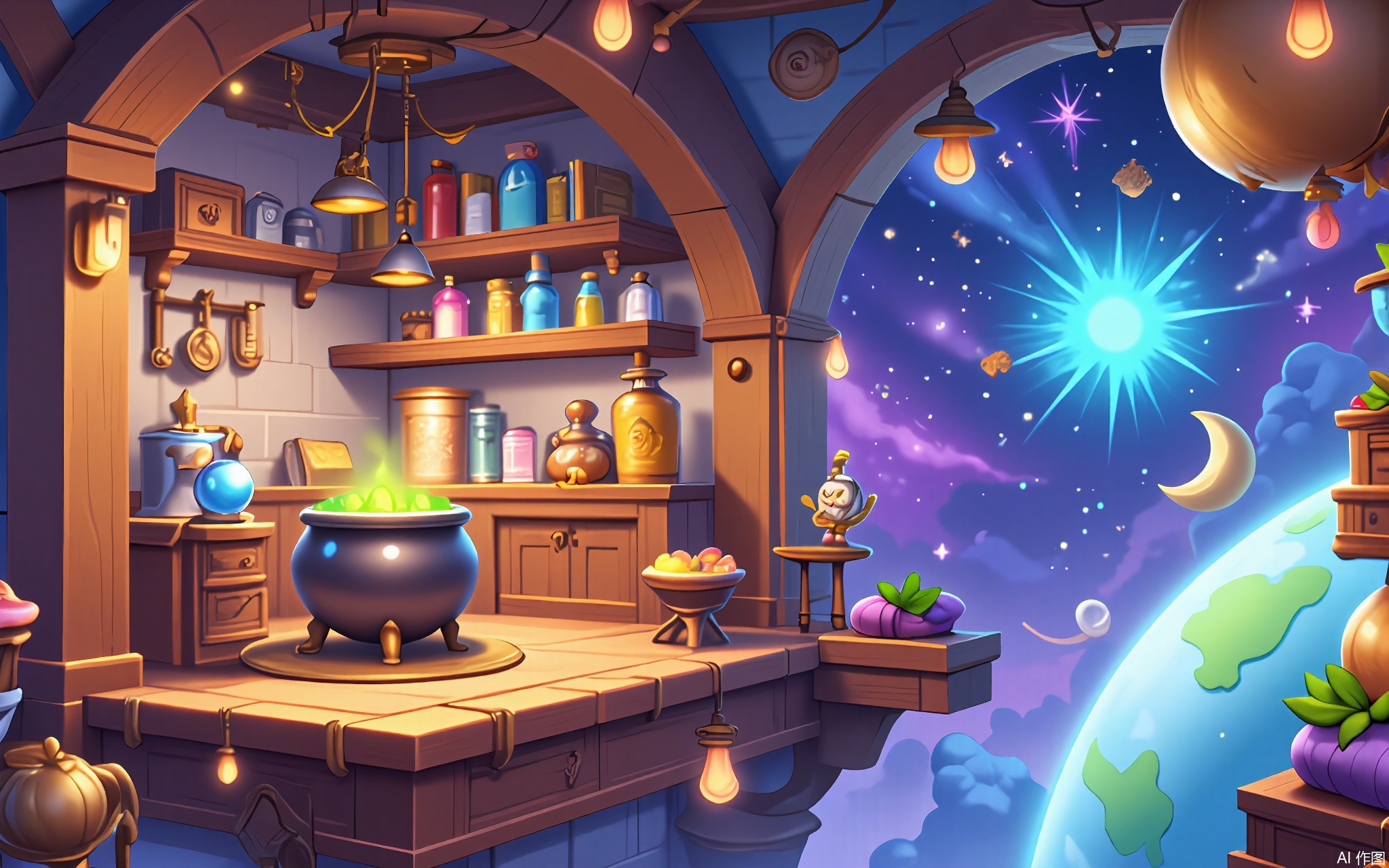 OKCJ, 
A magical digital illustration of a floating wizard's workshop in cartoon style, orbiting a candy-colored planet. Shelves hold glowing potion bottles and spellbooks, while a cauldron bubbles with stardust. A crystal ball shows a distant galaxy, and a familiar owl naps on a moon-shaped cushion.
