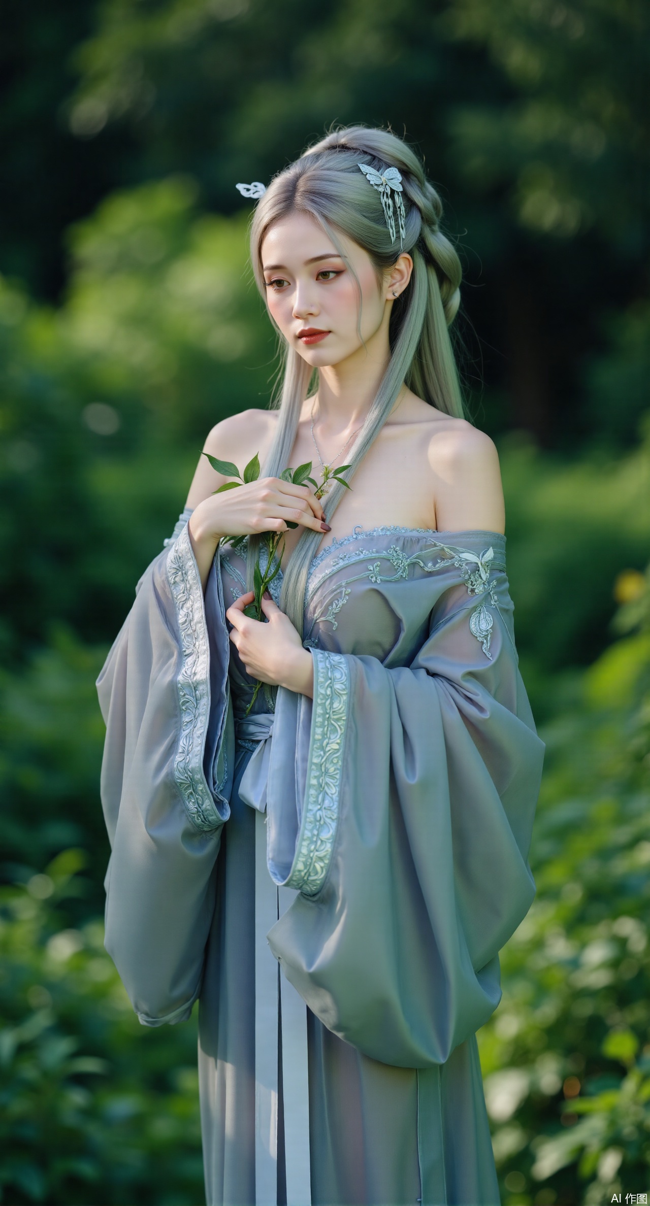 (masterpiece, best quality:1.2),A divine being with long, pastel-green hair that shimmers like dewdrops on leaves. She dons a sheer, mint-green hanfu with golden embroidery of fluttering butterflies and singing birds. She stands in a lush, enchanted forest filled with bioluminescent plants, her presence making the flowers bloom brighter. Soft natural light, flowing hair, magical forest elements, 8K quality..(huge breasts:2.99),(full breasts:2.99),Xdongjixiaofu,Xlanbaixiaofu,XkjwjlzyY,XLiquidGlass,XiPhone17Pro,Xshuilian,XzhuxianbiyaoX,Xfenlanliantiyongyi,Xvangoghs,Xzisehanfu,XluxueqiXY,Xzihanfu