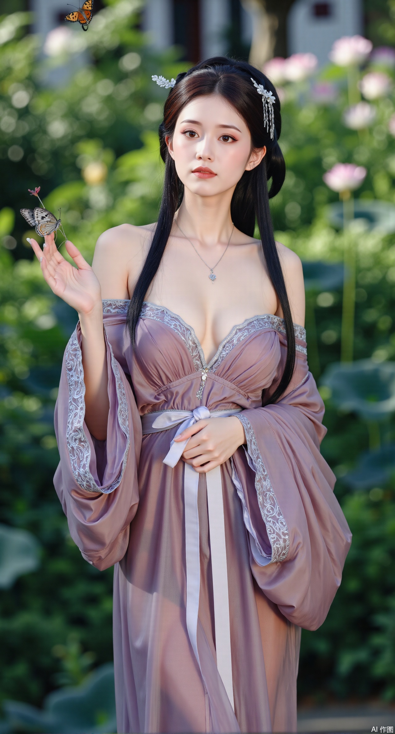 (masterpiece, best quality:1.2), highres, extremely detailed, 1girl,looking at viewer,indoors, (big breasts:2.69),Depth of field,garden of the sun,shiny,flowers, garden, 1girl, (Lotus:1.39), (butterflies, ultra detailed, glary,Light, light particles,glitter,reflect:1.29),Xdongjixiaofu,Xlanbaixiaofu,XkjwjlzyY,XLiquidGlass,XiPhone17Pro,Xshuilian,XzhuxianbiyaoX,Xfenlanliantiyongyi,Xvangoghs,Xzisehanfu,XluxueqiXY,Xzihanfu