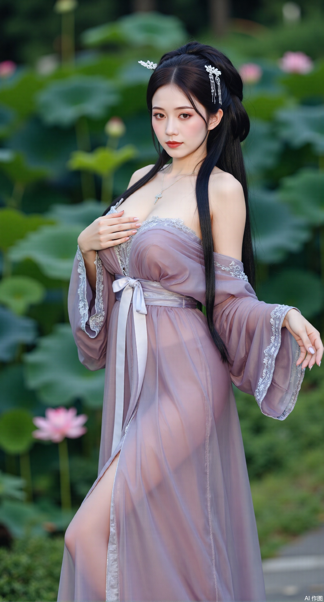 (masterpiece, best quality:1.2),1girl, navel, solo, midriff, bare shoulders, hair ornament,(long hair),(High double ponytail:1.49), red lips, BREAK, (looking at viewer:1.39), chinese clothes,(Holographic pink|green dress:1.36), (lace,Rainbow Gradient Color:1.28), BREAK,blurry, solo focus, long hair, lips, daytime, lipstick, outdoors, standing,upper body,(huge breasts:2.89), background, solo, makeup,(Liquid glass style flowers:1.49),(huge breasts:2.99),(full breasts:2.99),,(Background with lotus pond and pink lotus flowers:1.39),,Xdongjixiaofu,Xlanbaixiaofu,XkjwjlzyY,XLiquidGlass,XiPhone17Pro,Xshuilian,XzhuxianbiyaoX,Xfenlanliantiyongyi,Xvangoghs,Xzisehanfu,XluxueqiXY,Xzihanfu