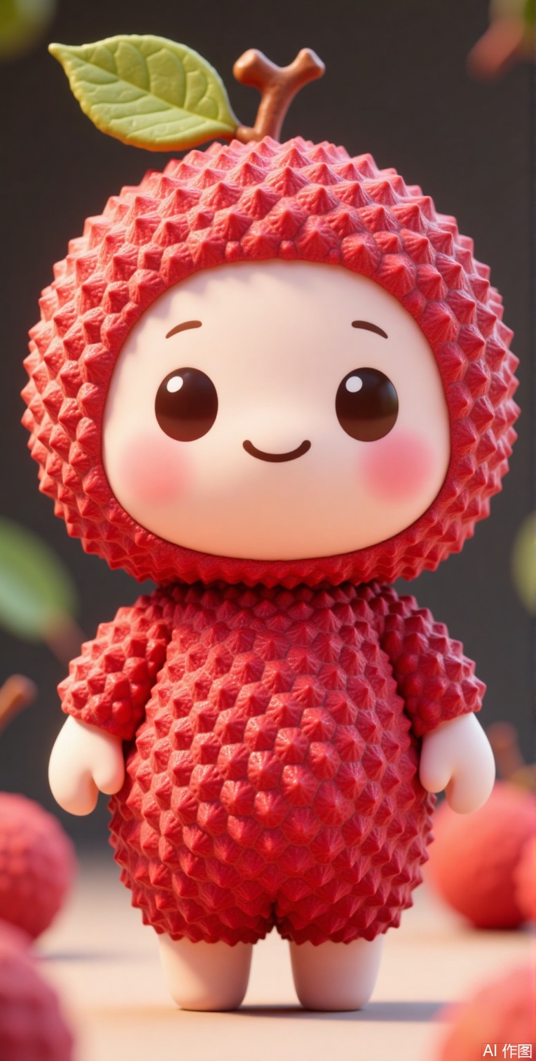 lychee, , The image shows a cute, adorable character that resembles a red fruit with a smiling face, large round eyes, and rosy cheeks. The character is wearing a red, spiky, litchi-like suit that covers its entire body, including its head, arms, and legs. A small green leaf is attached to the top of its head, giving it a natural, litchi-themed appearance. The background is blurred, but it appears to be filled with more litchi fruits, creating a playful and whimsical scene. The overall atmosphere is cheerful and light-hearted, with a focus on the adorable character in the foreground.
